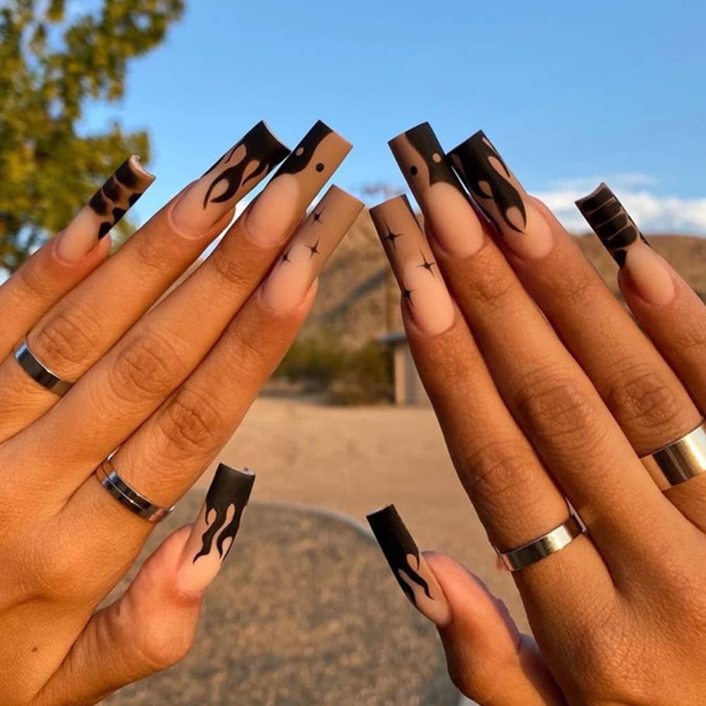 24Pcs Long Coffin Press on Nails - Flame Design Glossy False Nails for Women & Girls | Full Cover Fake Nails with Ballerina Shape | Perfect for Parties, Weddings & Special Occasions
