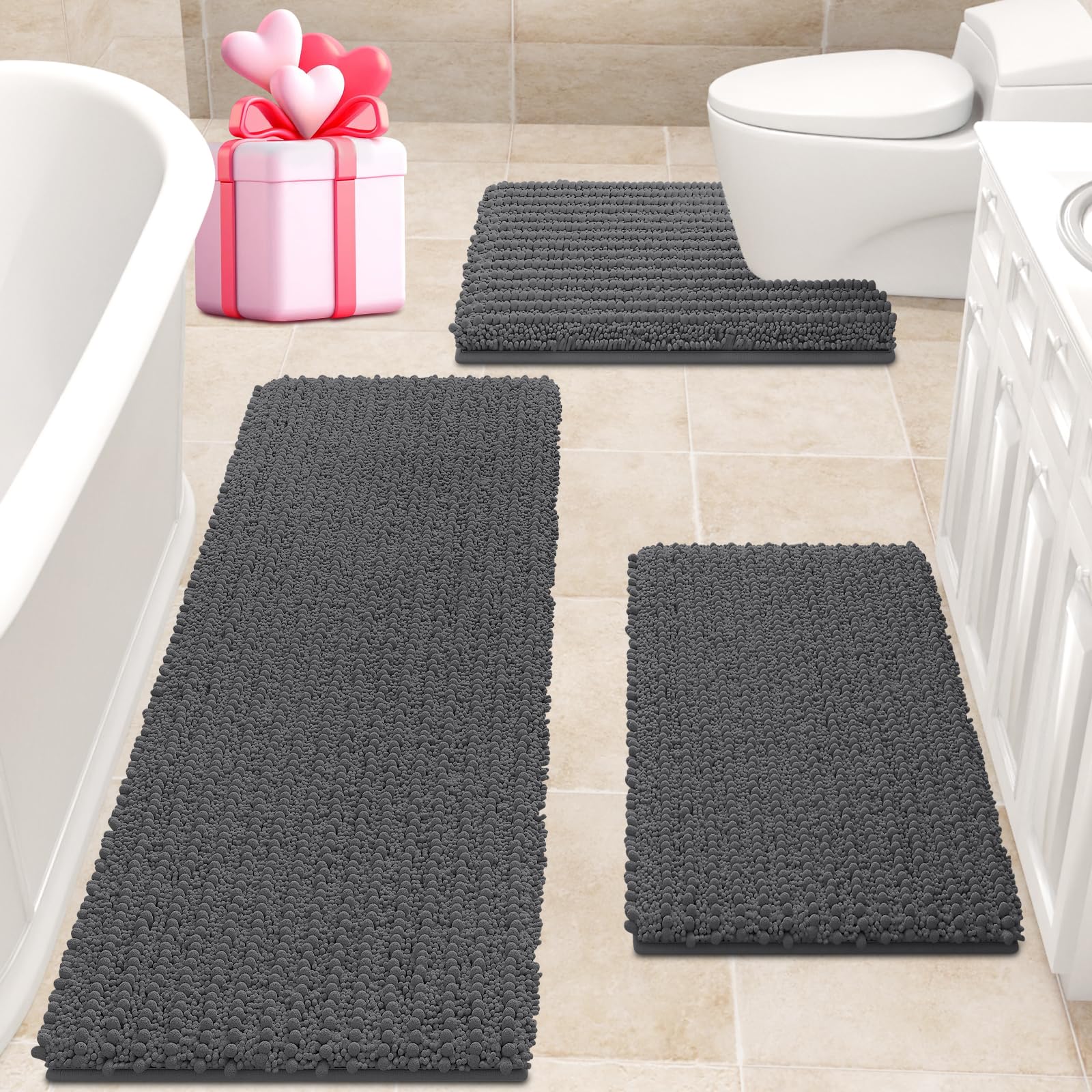 ACCUMTEK Extra Large Bathroom Rug Set - 3 Piece Gray Ultra Soft Chenille Bath Mats, Thick Absorbent & Non-Slip Toilet Mat for Bathroom, Bedroom, Kitchen - Perfect for Cozy Home Decor & High-Traffic Areas