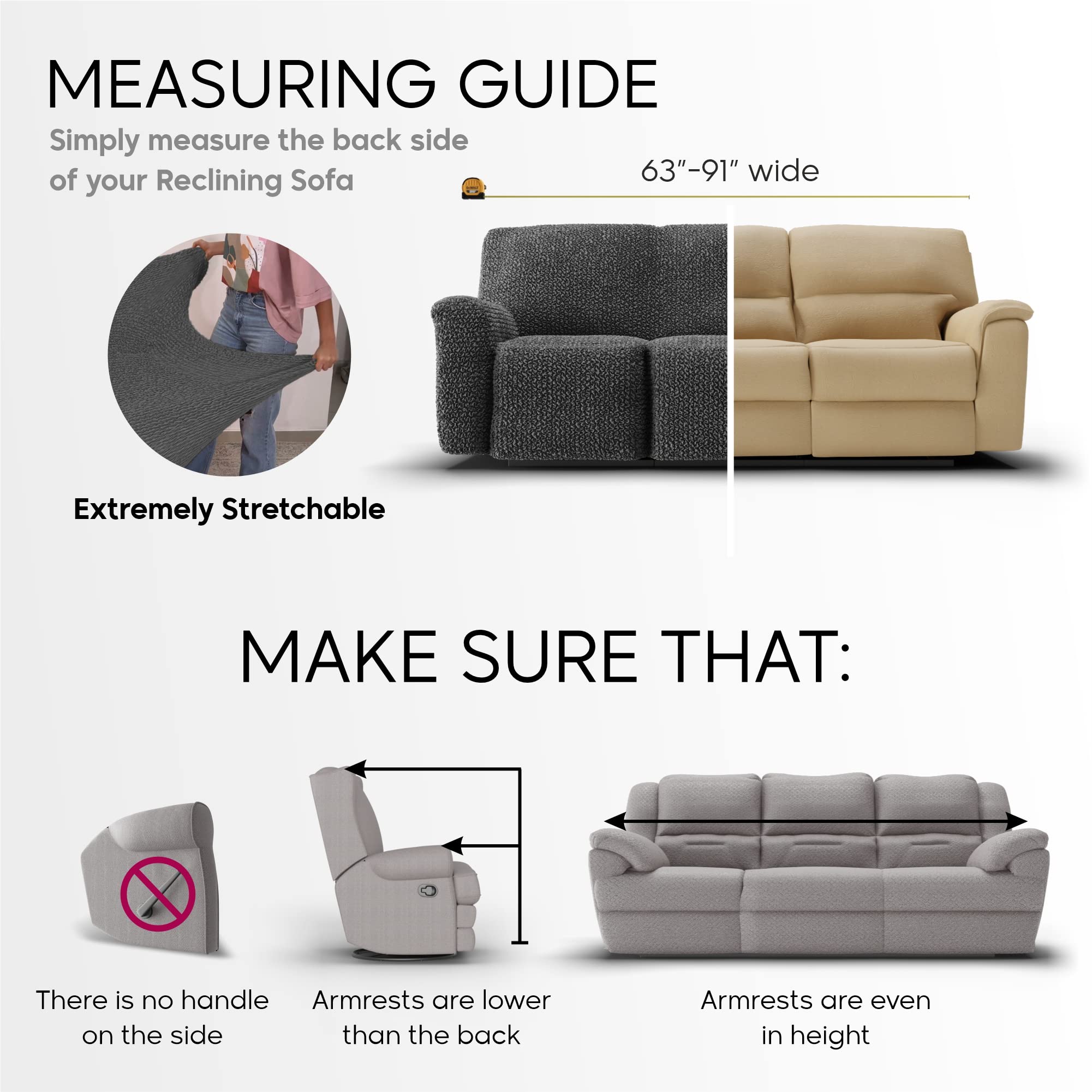 PAULATO BY GA.I.CO. Recliner Sofa Cover - Stretchable 1-Piece Slipcover for Reclining Couches - Soft Polyester Fabric Furniture Protector - Velvet Collection in White - Perfect for Living Room, Home Theater & Office Use