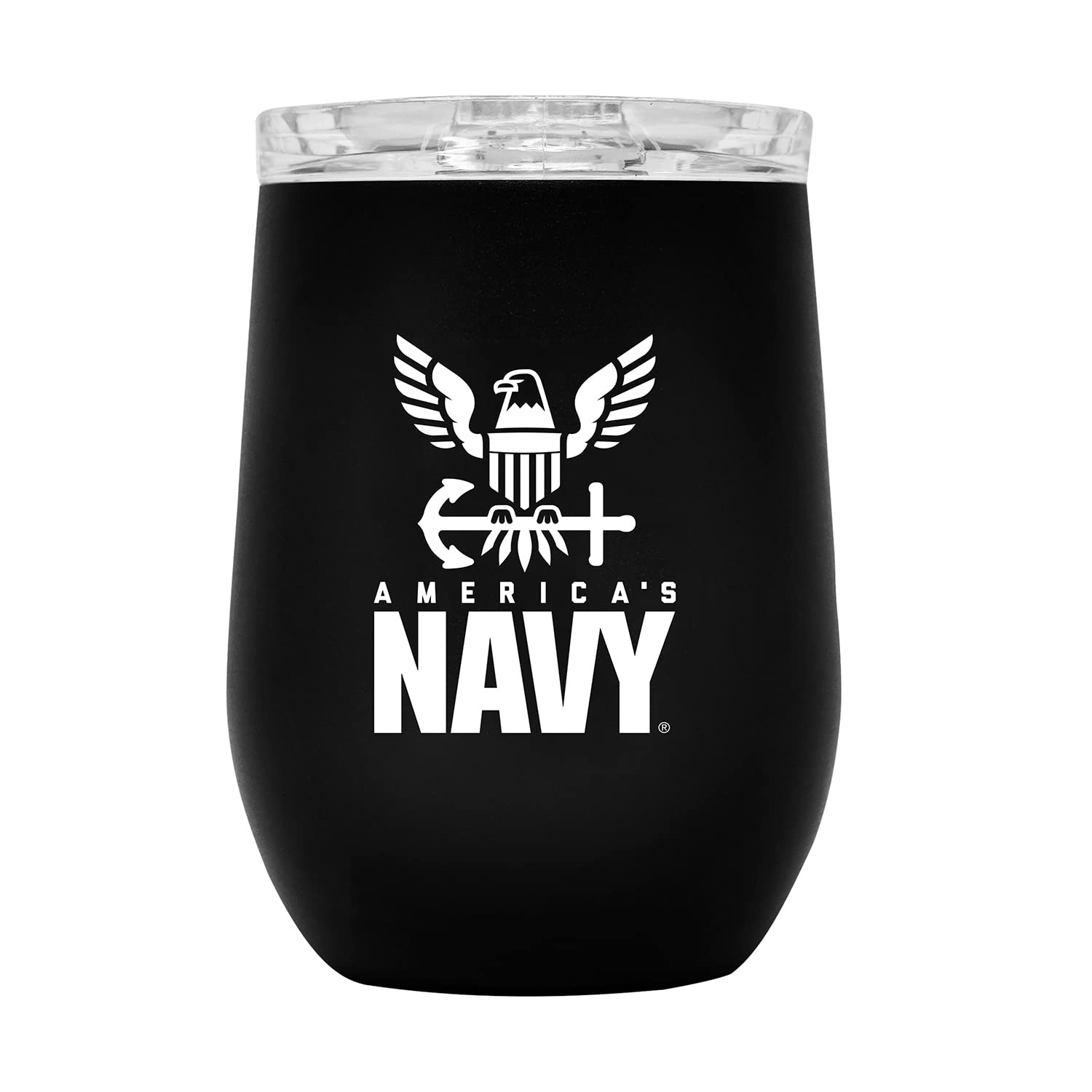 US Navy Steel Stemless Wine Glass Tumbler - 12oz Double Wall Vacuum Insulated Whiskey Cup with Lid, Matte Black with USN Logo - Perfect for Outdoor Camping, Military Gifts & Home Bar Accessories