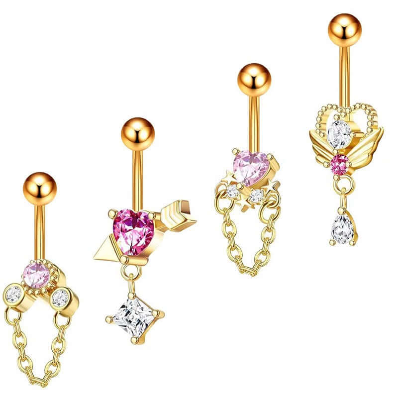 Angel Cupid Heart Bar Belly Button Rings - Surgical Steel Navel Piercing Jewelry for Women | Q0066 | Perfect for Summer Beach, Pool Parties & Body Jewelry Collection