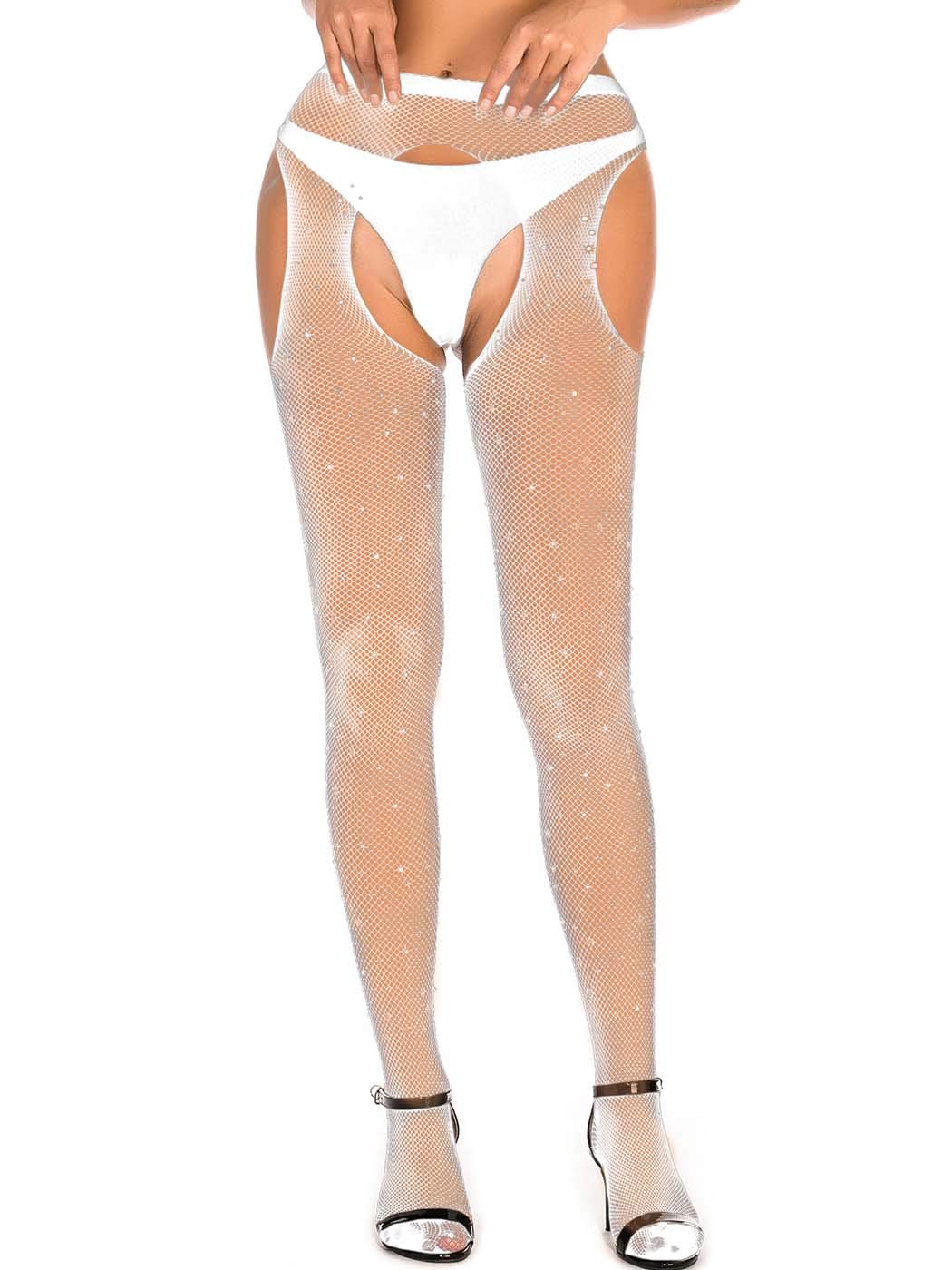 Jemiwa Sexy Rhinestone Fishnet Stockings - Sparkling See-Through Thigh High Stockings with Suspenders for Women, White, Size M-L | Perfect for Nightclub Outfits, Cosplay, and Boudoir Photography