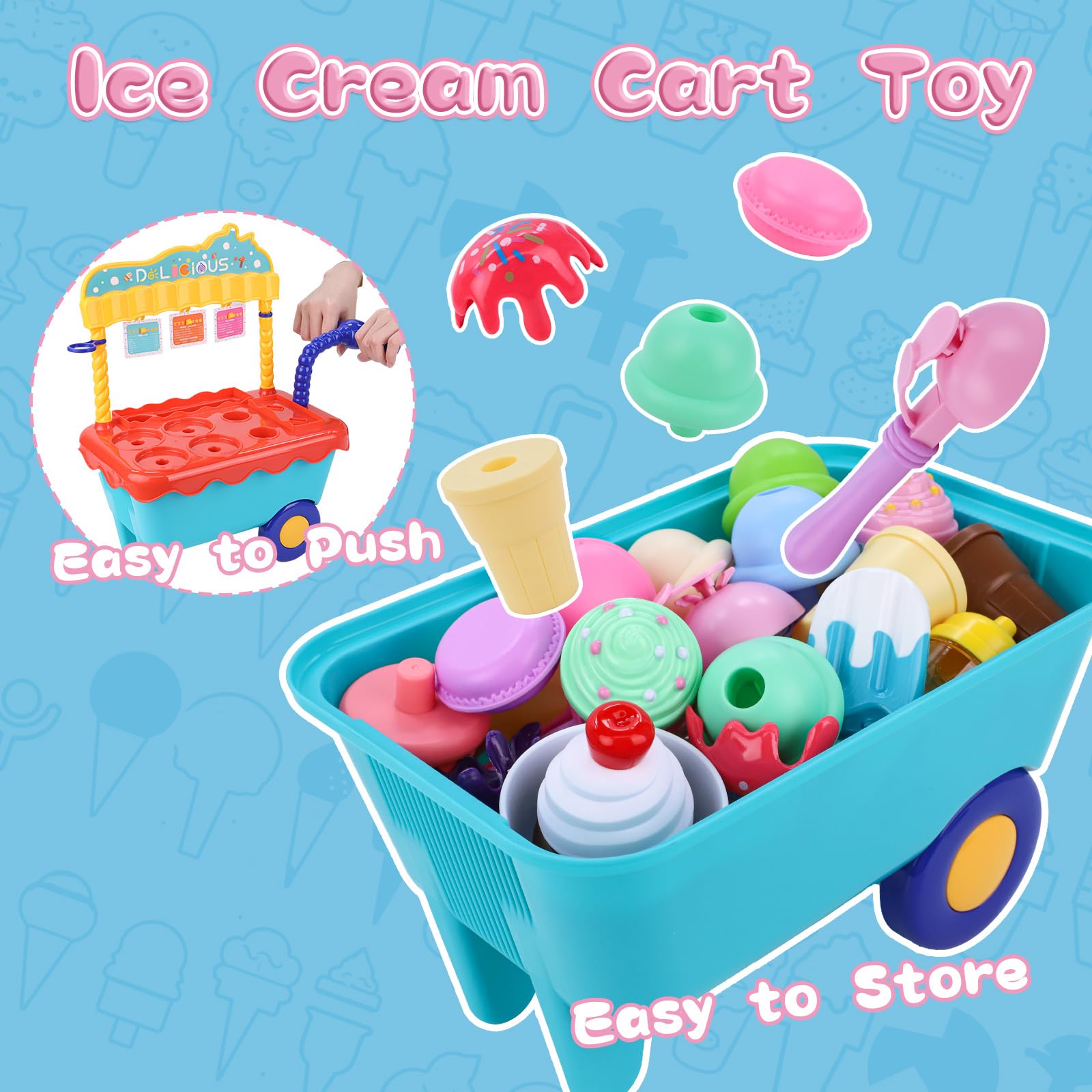 45 Pcs Ice Cream Cart Play Set for Kids - Pretend Play Store with Storage Trolley, Food Toys & Ice Cream Shop Toy - Perfect Gift for Boys & Girls Ages 3-6 - Fun Birthday Party, Daycare & Indoor Play Activity