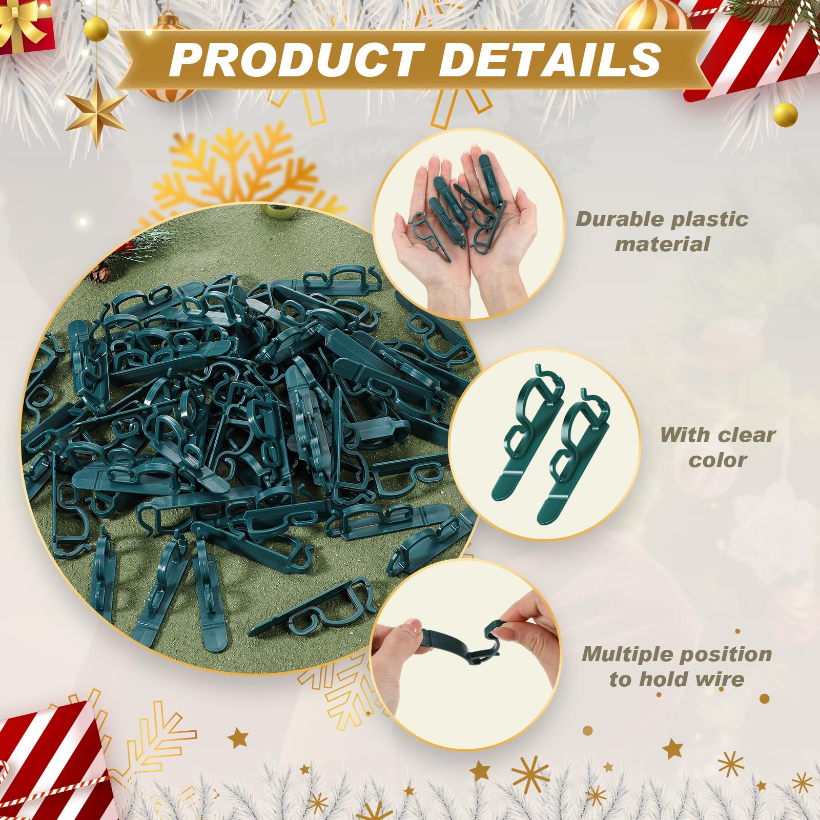 VIHOSE 100 Pcs Christmas Light Clips - Universal Shingle Clips for Outdoor Holiday Decorations, Plastic Hooks for String Lights (Green) - Perfect for Roof, Gutters, and Holiday Light Displays