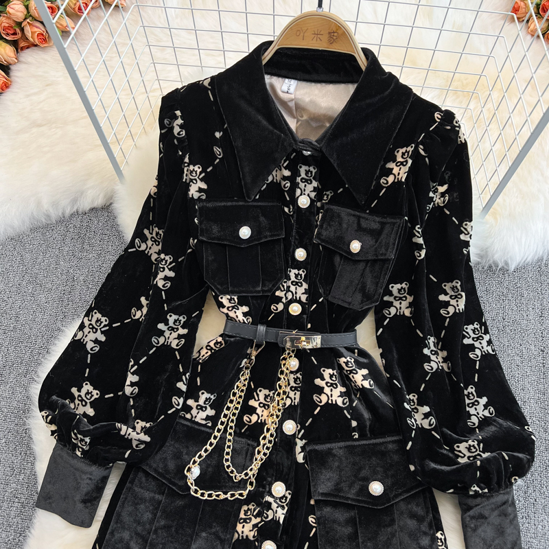 Cute Bear Print Velvet Coat Dress for Women - Warm Winter & Fall Outfit for Casual Wear, Parties & Holidays