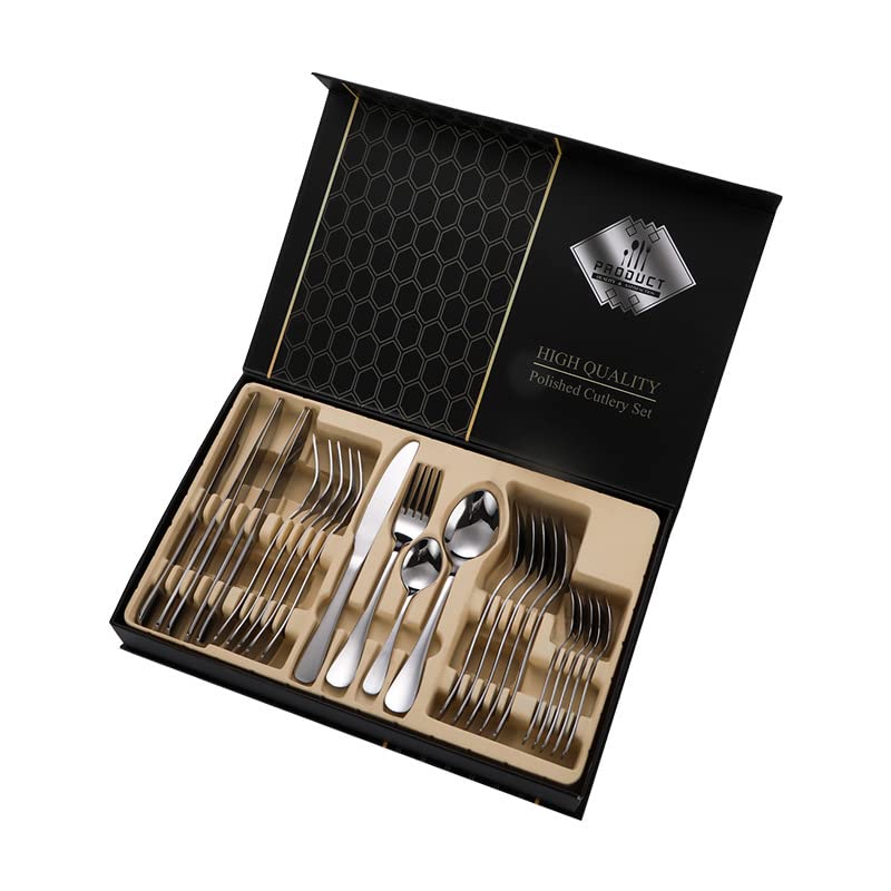 24-Piece Stainless Steel Silverware Flatware Set - Dinner Forks, Steak Knives, Dessert Spoons - Elegant Cutlery for Wedding, Party, Dining & Gift Giving (Silver Box) - Perfect for Home, Restaurant & Special Occasions