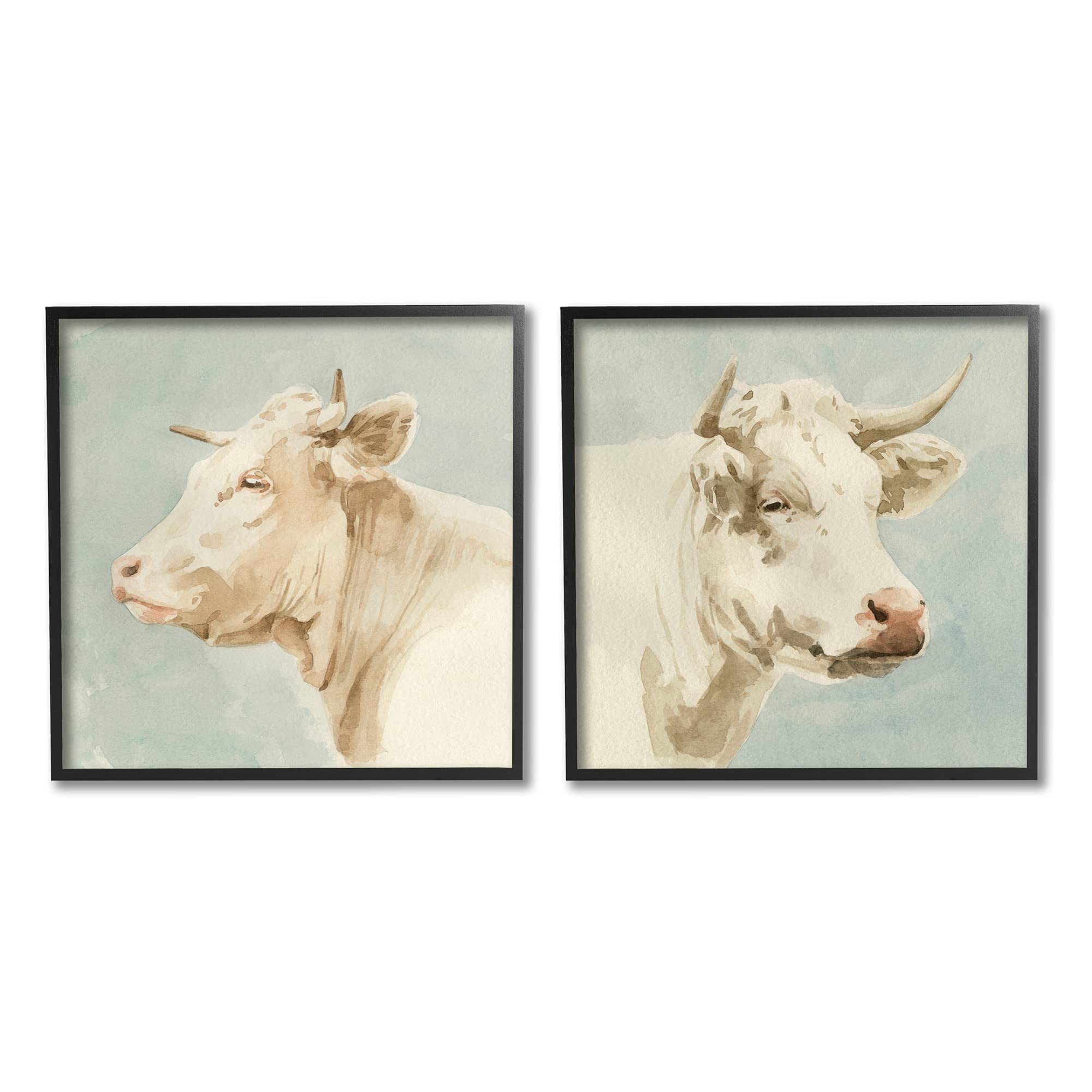 Emma Caroline Vintage Farm Cattle Cows Watercolor Portrait Wall Art - 2pc Set, Beige & Blue, Black Framed, 24x24 Inches - Perfect for Farmhouse, Country Kitchen & Rustic Home Decor