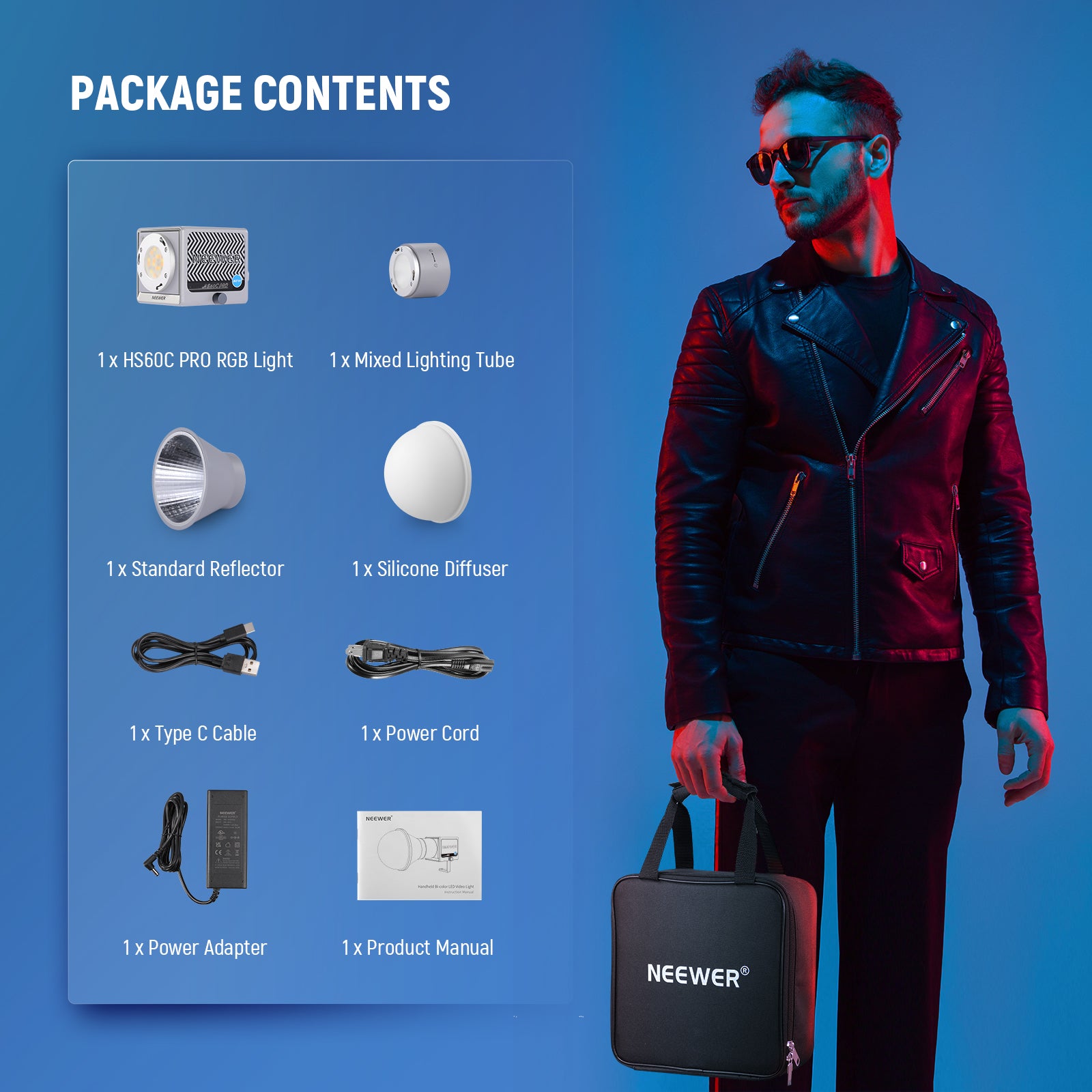 NEEWER HS60C Pro 60W Portable RGB LED Video Light with Adjustable Brightness & Color Temperature - Perfect for YouTube, TikTok, Photography, and Studio Lighting