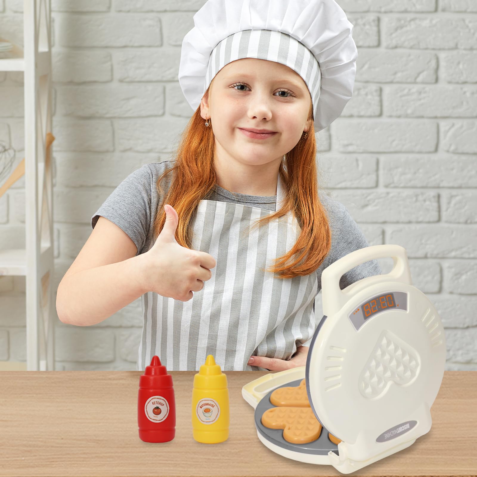 Kids Pretend Play Kitchen Set - Waffle Maker Toy with 4 Bread Pieces, Tongs & Sauce Bottle | Educational Cooking Toys for Toddlers | Perfect for Role Play, Birthday Gifts & Preschool Learning Activities