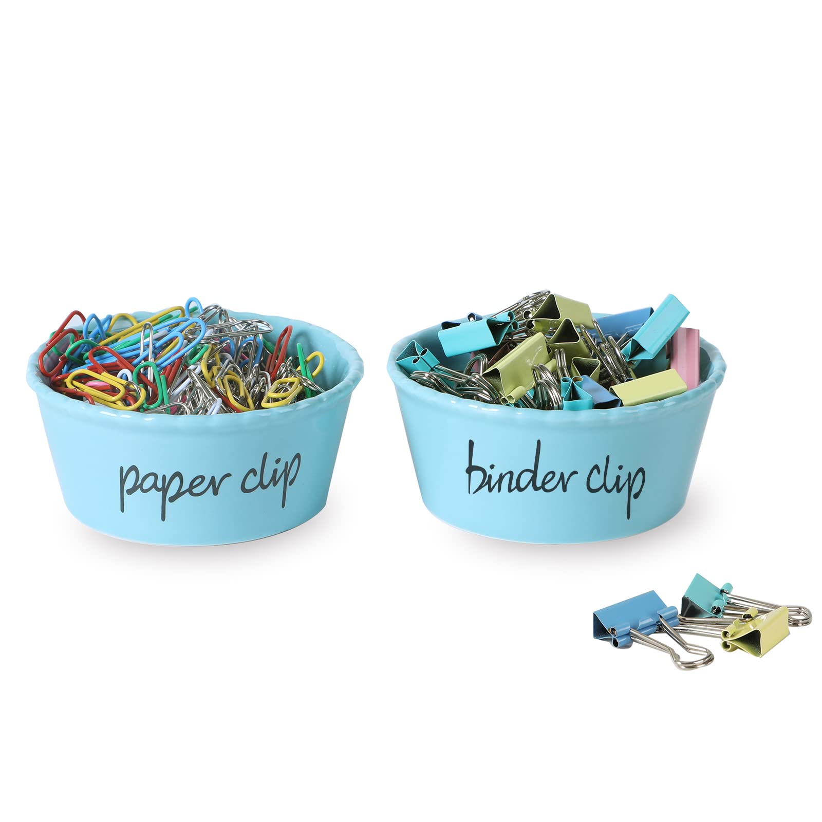 ONTUBE Ceramic Paper Clip Holder and Binder Clip Organizer Set - Turquoise Office Desk Accessory for Paper Clips, Binder Clips, and Small Office Supplies | Perfect for Home Office, School Desk, and Workspace Organization