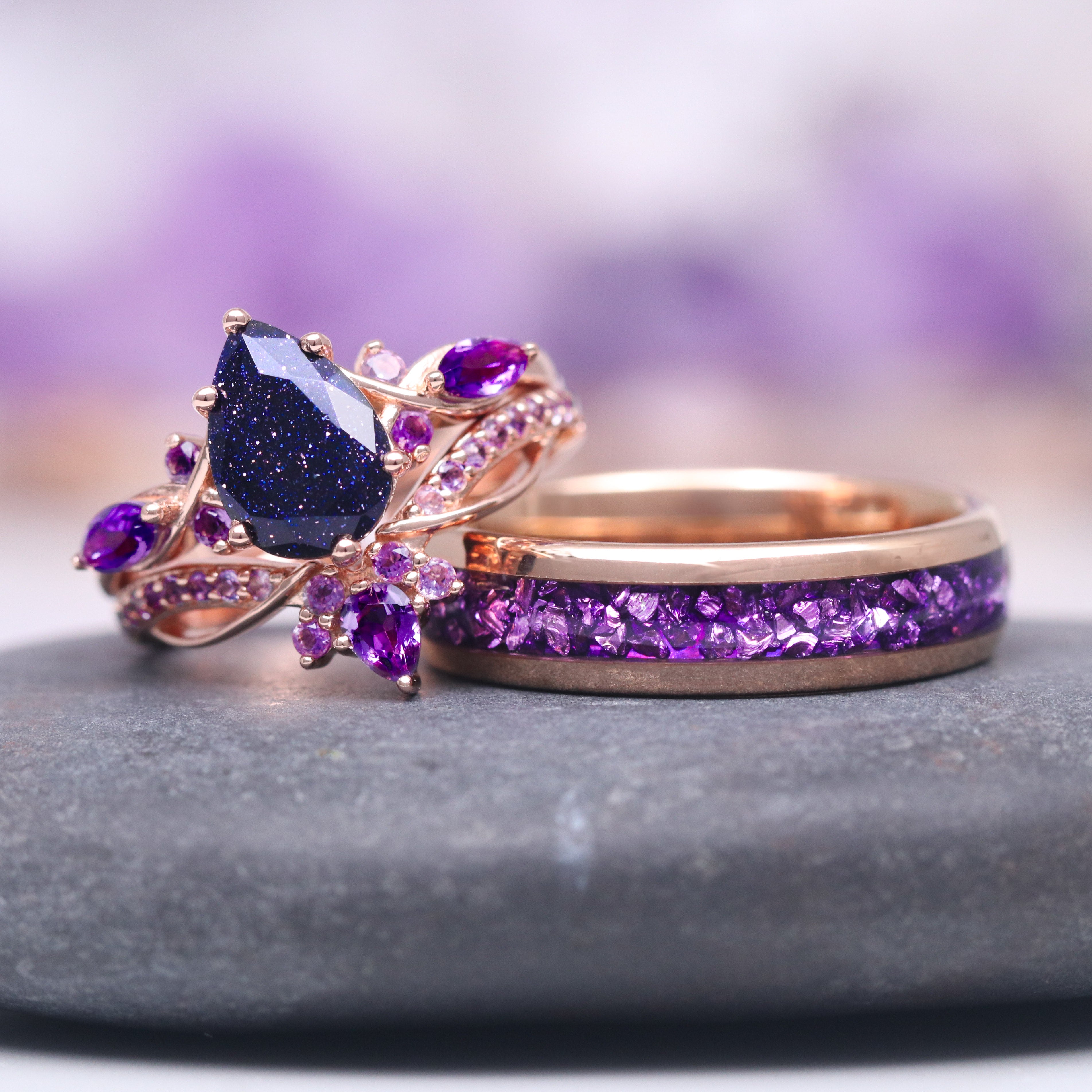 14K Solid Rose Gold Feyra Starry Night & Amethyst Ring Set - Elegant Jewelry for Women, Perfect for Gifts, Anniversaries, and Special Occasions