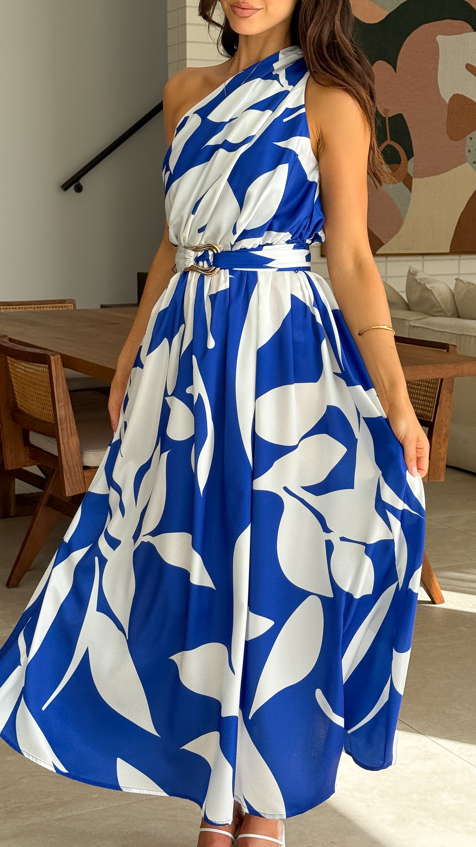 Hadas Maxi Dress - Cobalt & White Floral Print Women's Summer Beach Dress for Vacation & Outdoor Parties