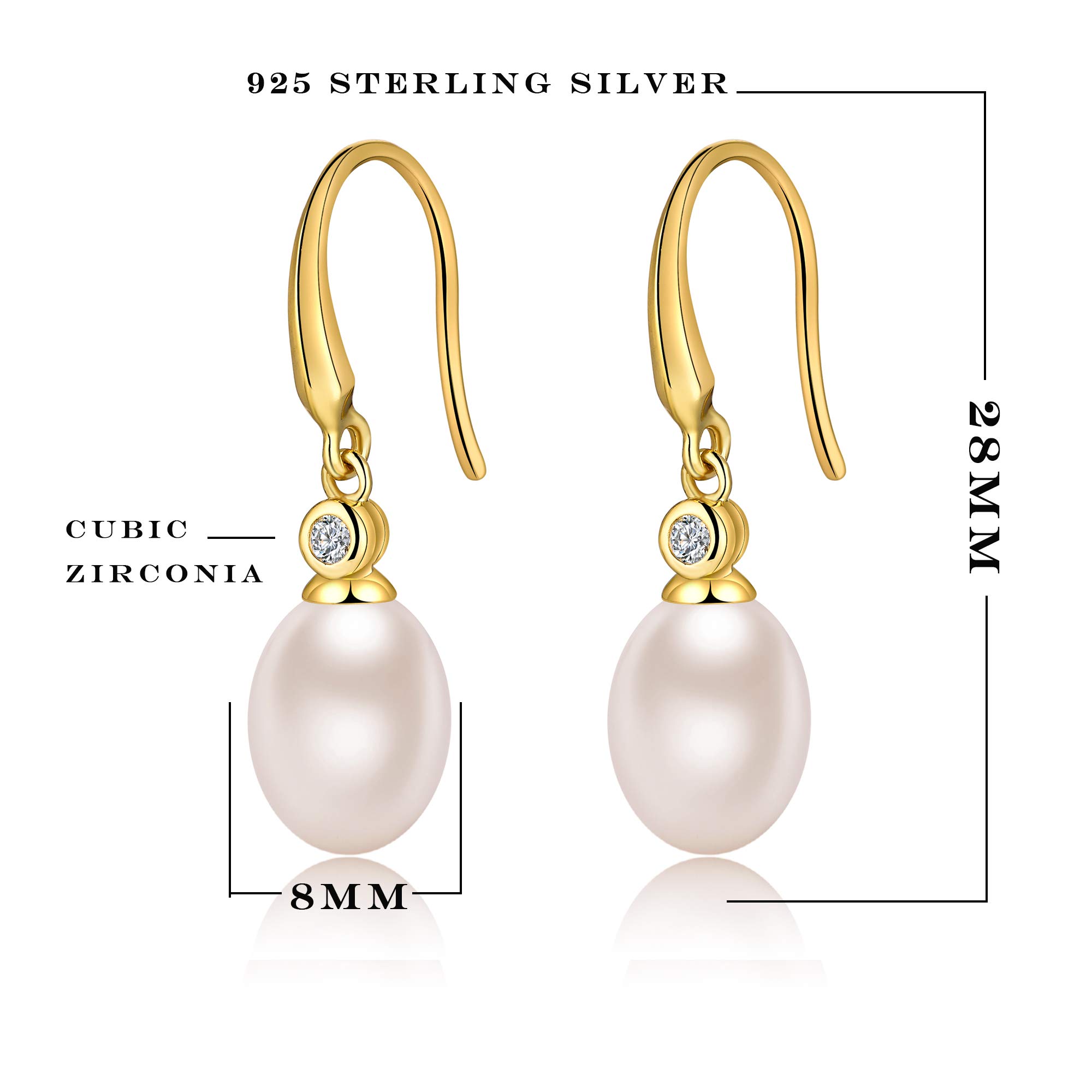 925 Sterling Silver Pearl Dangle Earrings for Women | 8MM-10MM Diamond Accent Pearl Jewelry | Elegant Gift for Birthday, Wedding & Party Occasions