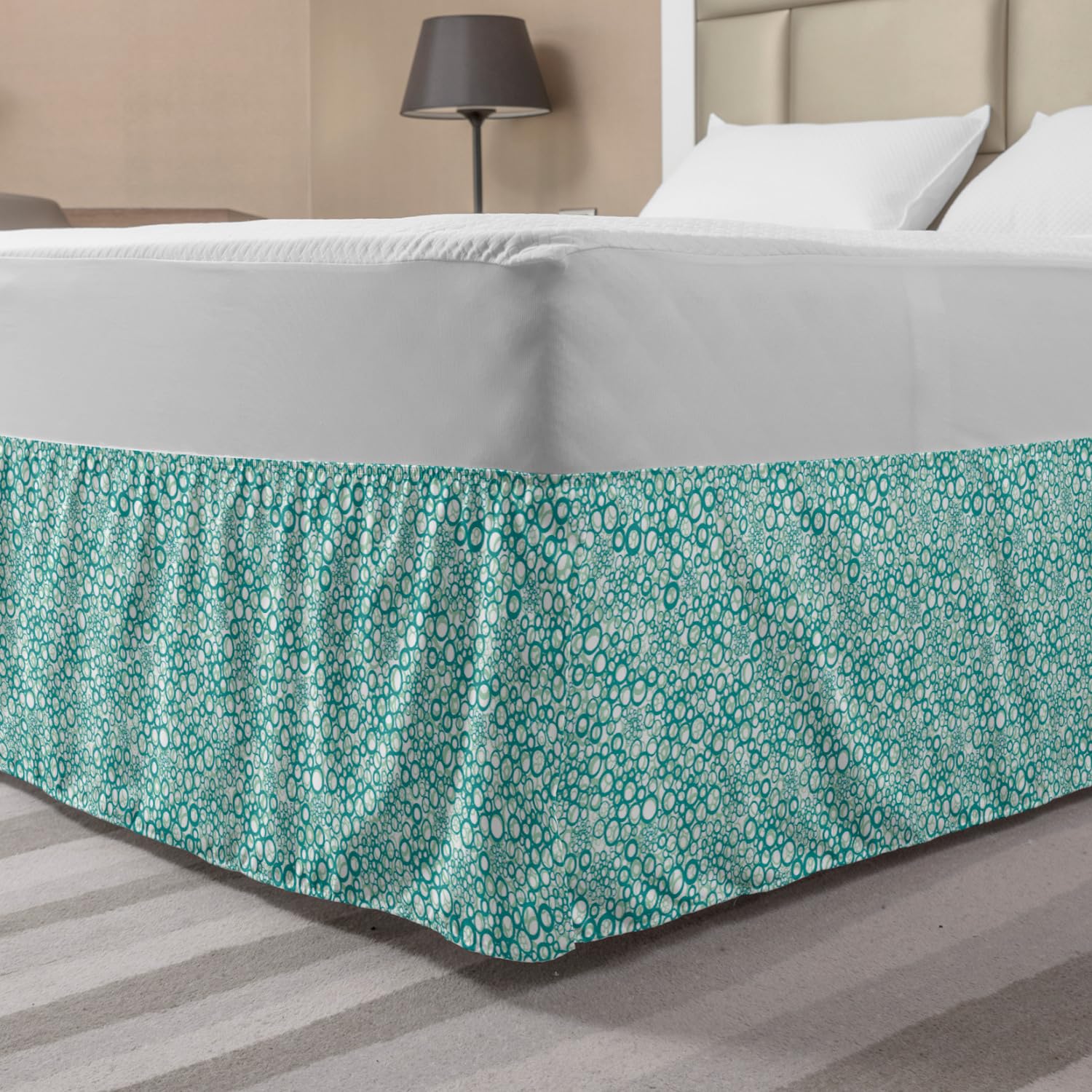 Ambesonne Abstract Elastic Bed Skirt - Rhythmic Spring Bubbles Design on Plain Background, Wrap Around Fabric Dust Ruffle for King Size Beds, Almond Green Seafoam Color | Perfect for Modern Bedroom Decor & Guest Room Styling