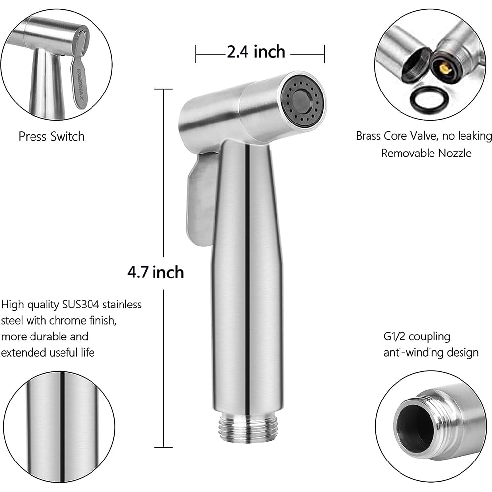 Stainless Steel Handheld Bidet Sprayer - High Pressure Water Gun Flusher Nozzle | Polished Silver Finish | Perfect for Toilet Cleaning, Baby Diaper Rinse & Personal Hygiene