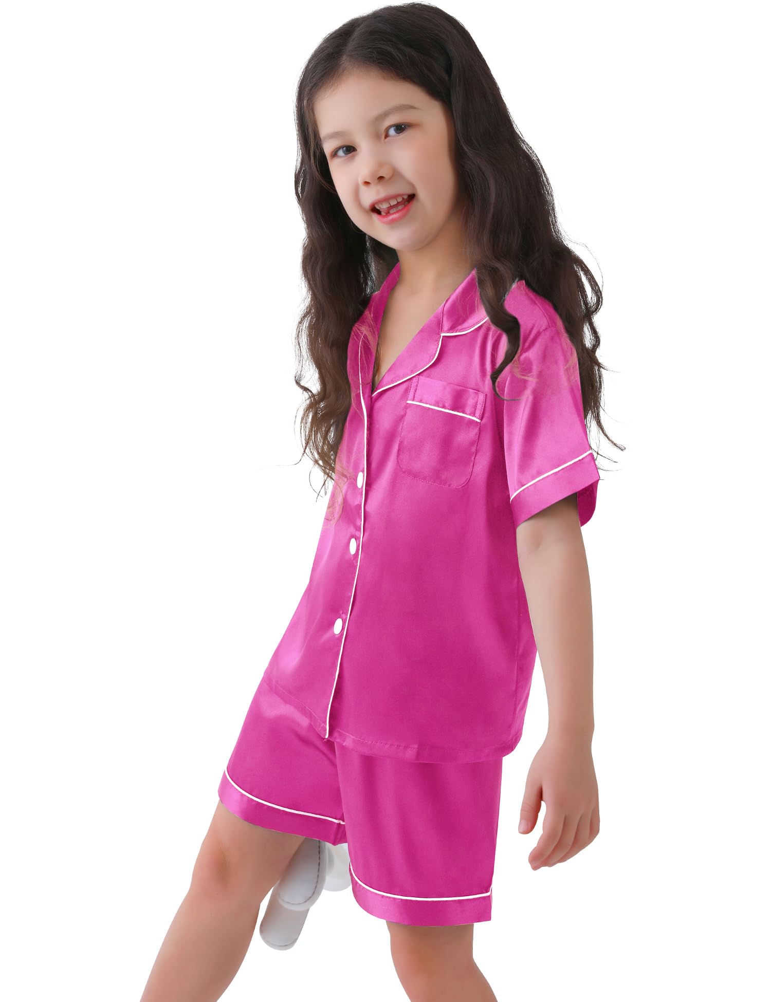 SWOMOG Kids Satin Pajama Set for Girls & Boys - Soft Button-Down Short Sleeve Silk Nightwear 2-Piece Lounge Outfit | Perfect for Sleepovers, Birthday Gifts & Cozy Bedtime