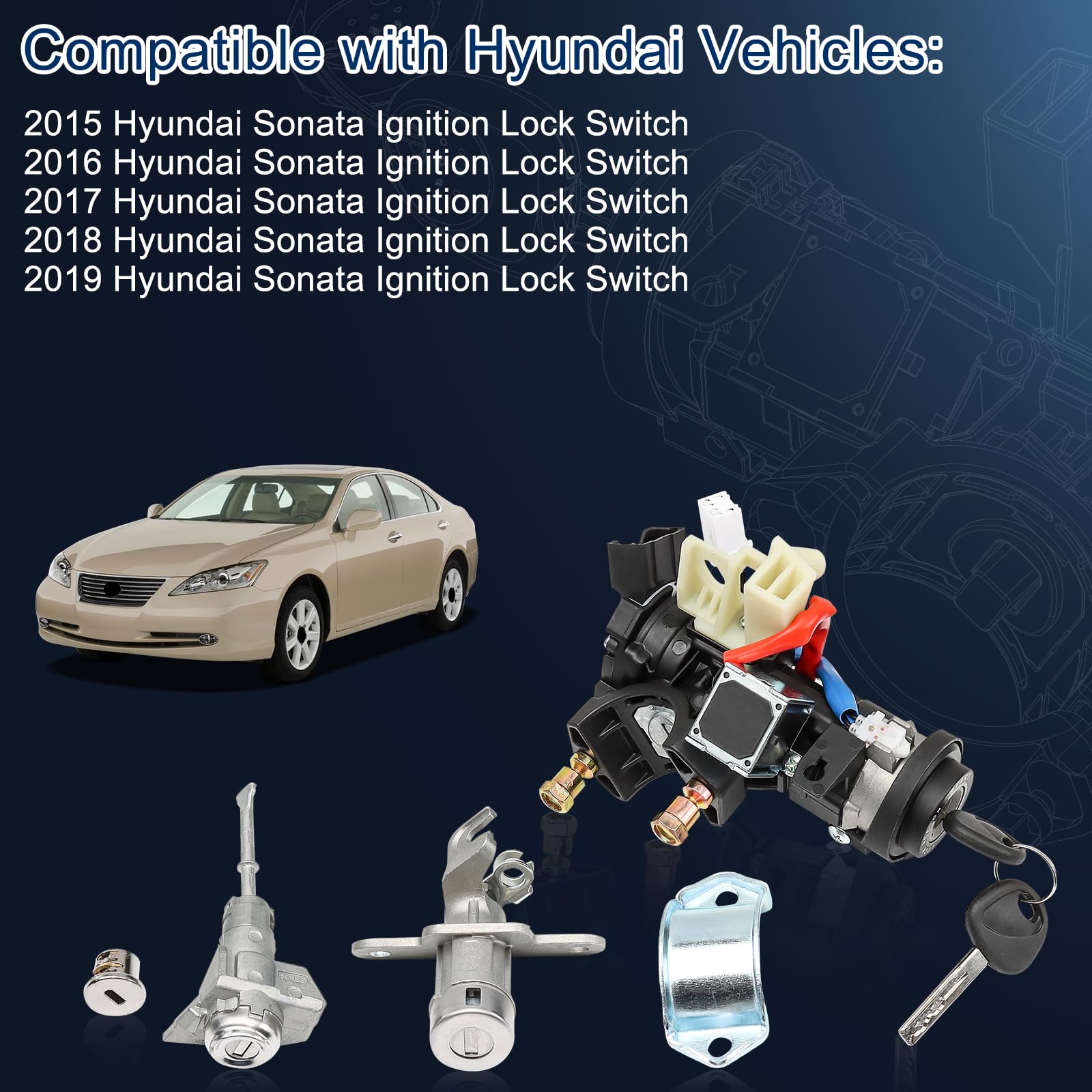 Ignition Lock Switch Assembly 81905-C2510 for 2015-2019 Hyundai Sonata - Complete Ignition Lock Cylinder & Housing Kit with 2 Door Locks, Glovebox Lock & 2 Keys (81970-C1A00) - Perfect for Car Security & Key Replacement