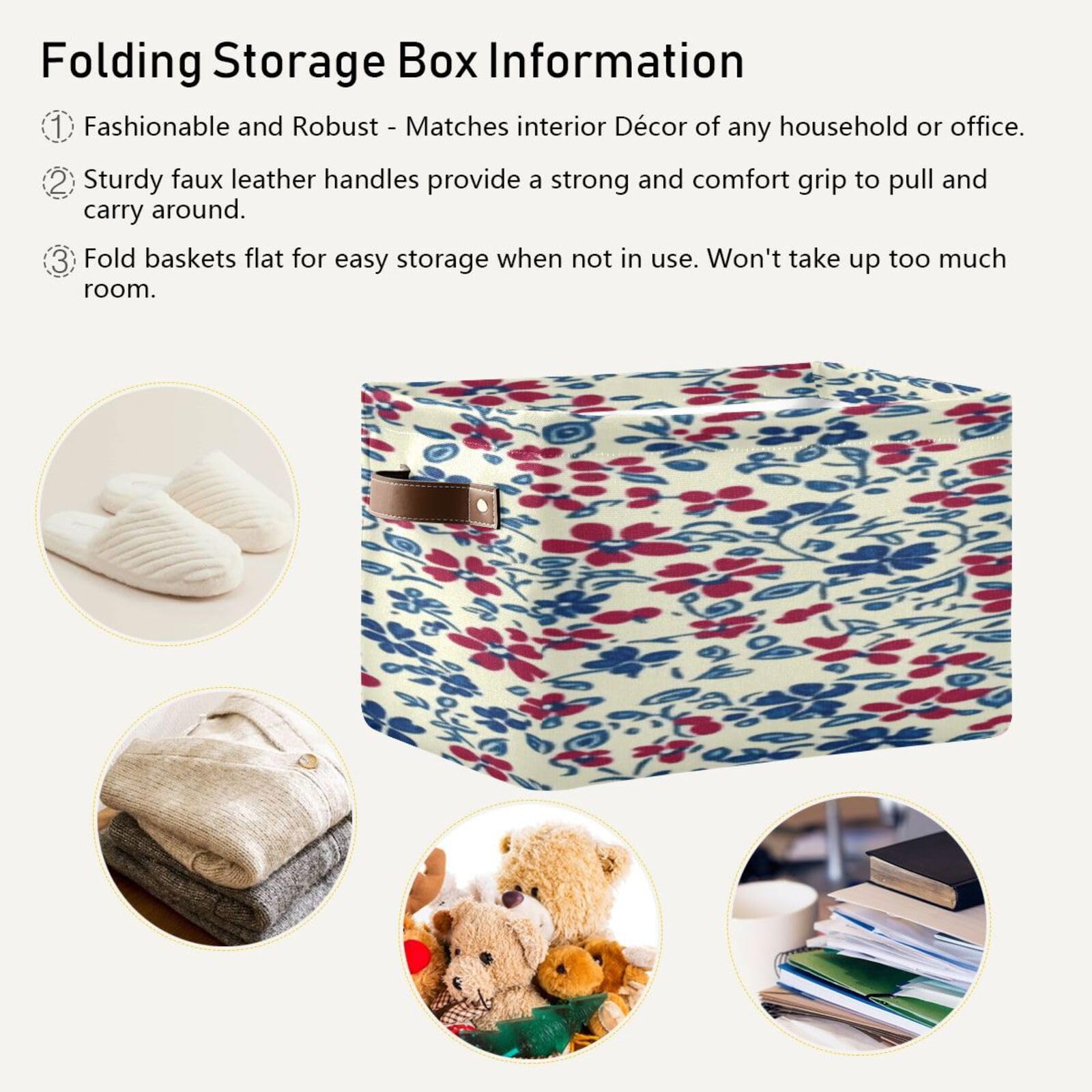 Large Foldable Storage Baskets with Handles - 2 Pack Creamy Red & Blue Floral Pattern - Closet Organizers, Shelf Bins for Home Organization (Perfect for Bedroom, Bathroom & Kids Room Storage)