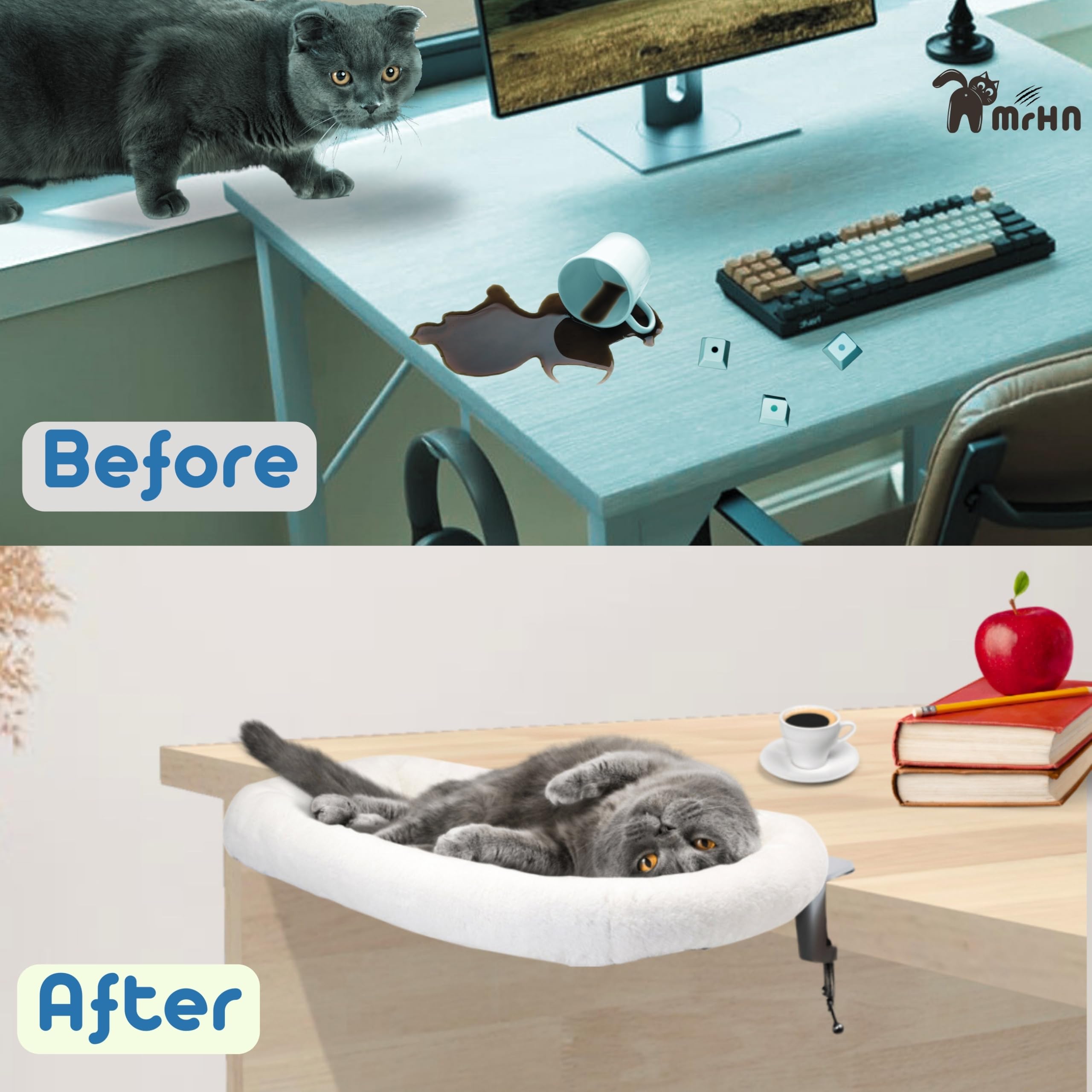 MRHN Cat Desk Bed - Cozy & Secure Desk-Mounted Cat Bed for Small & Medium Cats, Perfect for Home Office, Study, or Workspace - Washable & Space-Saving Pet Accessory (Grey)