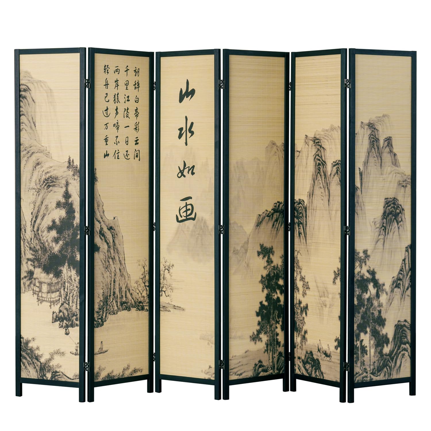 MyGift 6-Panel Bamboo Room Divider with Chinese Calligraphy & Floral Design - Freestanding Folding Screen for Home Office, Bedroom Partition & Asian Decor - Black Wood Frame