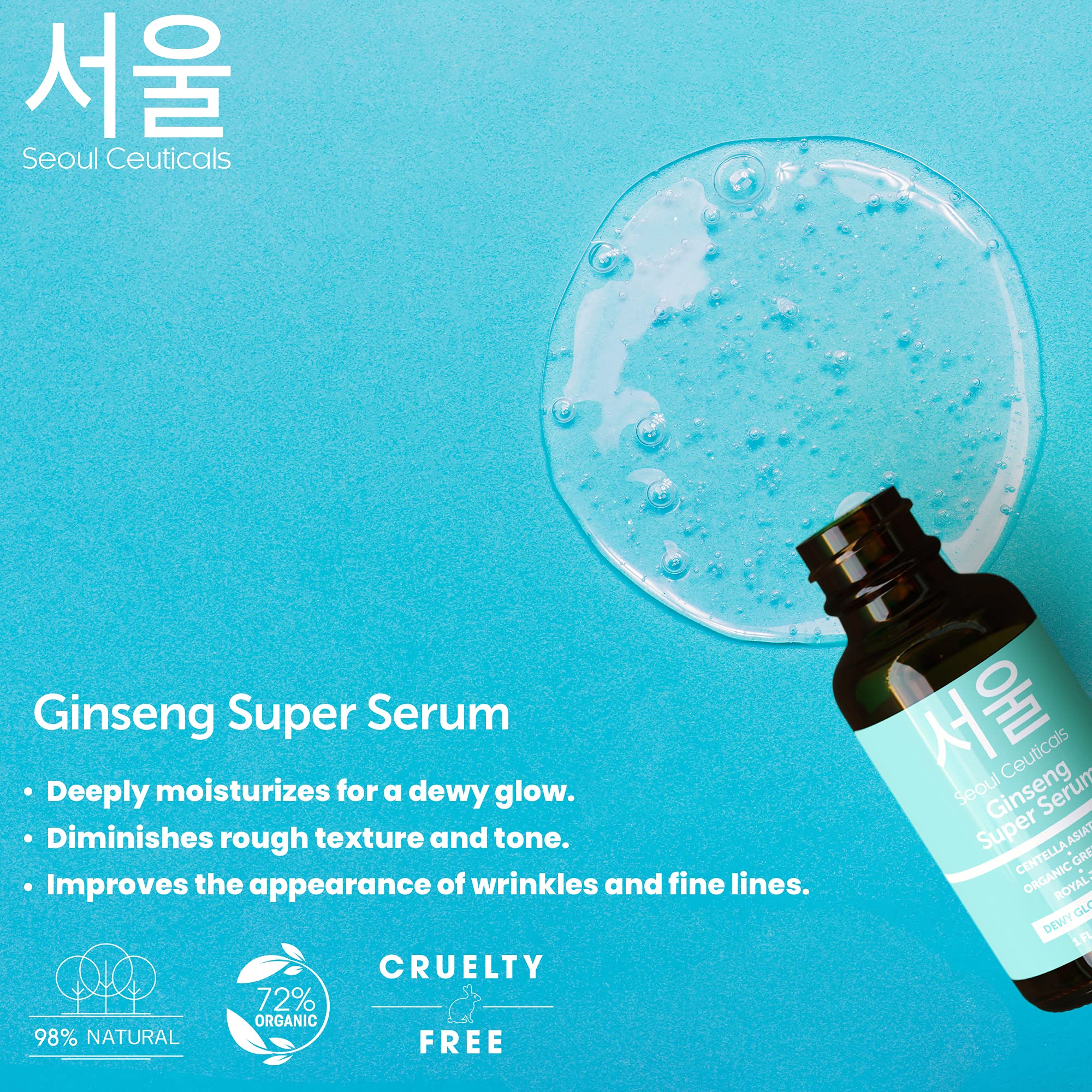 SeoulCeuticals Korean Ginseng Serum - K Beauty Skincare with Green Tea, Centella & Royal Jelly | Organic, Cruelty-Free Anti-Aging Face Serum for Dewy Glow (1oz) - Perfect for Daily Hydration & Nighttime Skin Repair