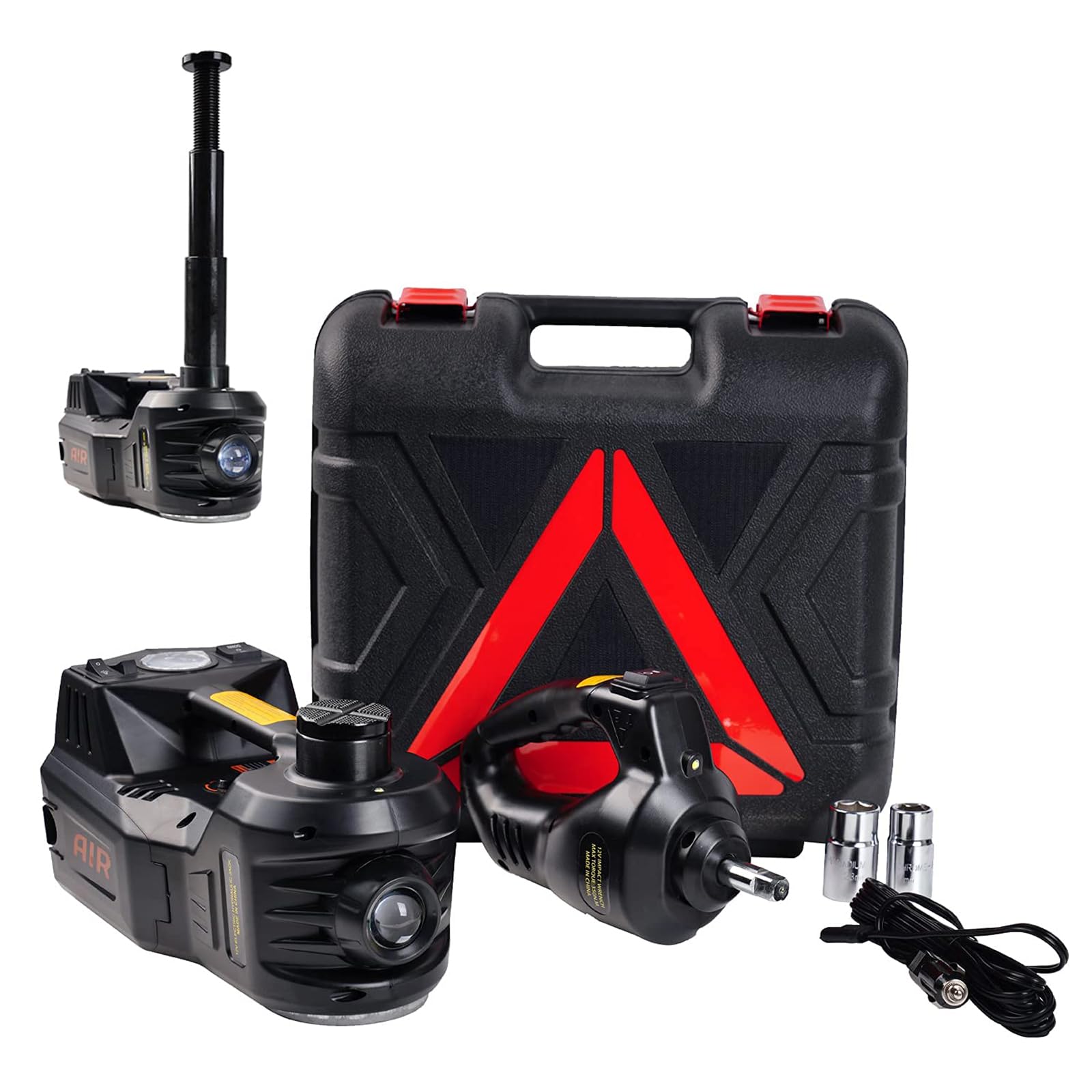 ROGTZ 5 Ton 12V Electric Hydraulic Car Jack Kit with Impact Wrench & Tire Inflator Pump - Heavy Duty SUV Sedan Floor Jack with LED Light for Emergency Tire Change, Roadside Assistance & Vehicle Maintenance (Black)
