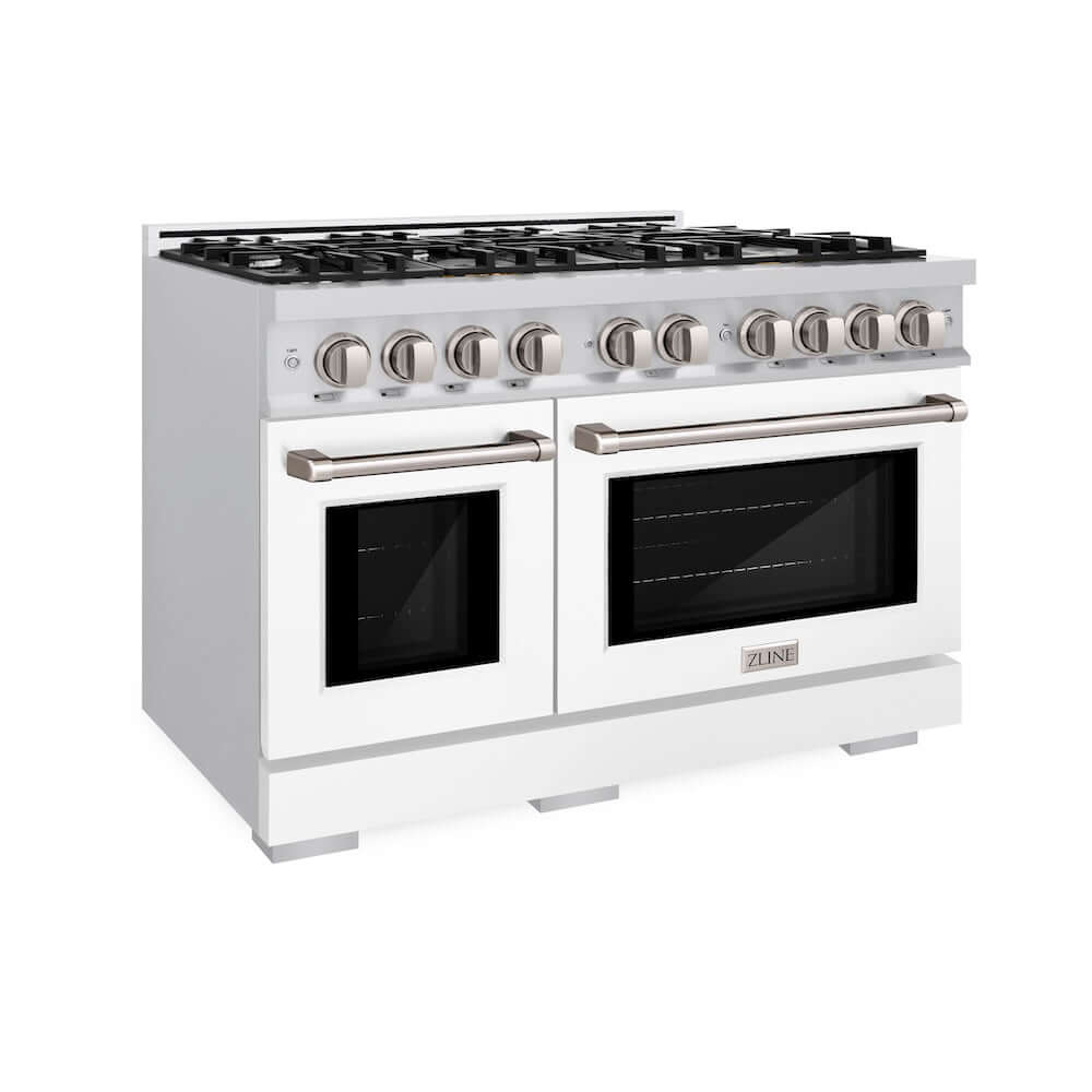 ZLINE 48-Inch 6.7 cu. ft. Stainless Steel Double Oven Gas Range with 8-Burner Cooktop & White Matte Doors (HGR WM 48) - Perfect for Large Kitchens & Entertaining