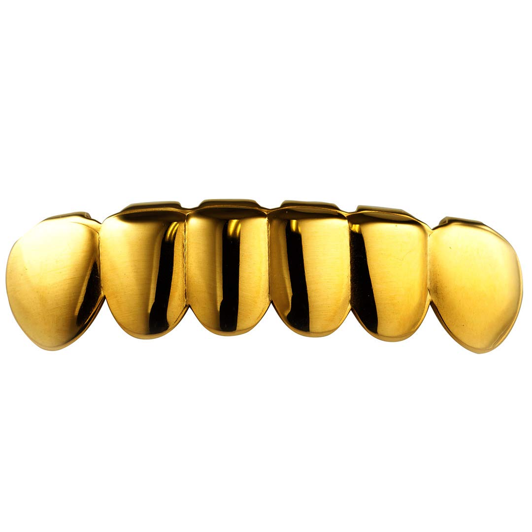 18K Gold Plated Stainless Steel Grillz - 8 Tooth Gold Teeth Hip Hop Dental Grill Set (8 Top & 6 Bottom) - Perfect for Hip Hop Fashion, Costume Parties & Rap Performances