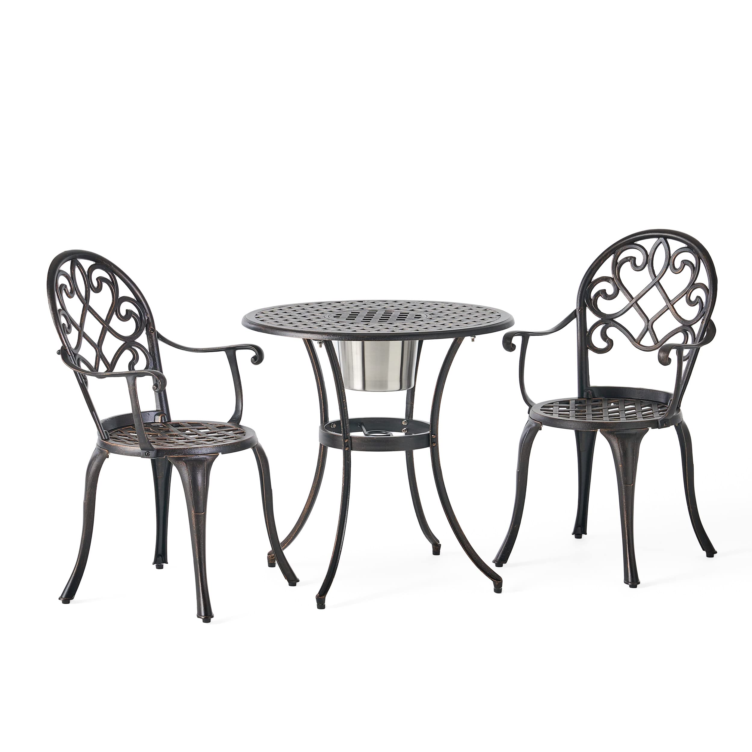 Christopher Knight Home Angeles 3-Piece Outdoor Bistro Set - Cast Aluminum Patio Furniture with Ice Bucket in Copper Finish | Perfect for Garden, Balcony & Poolside Dining