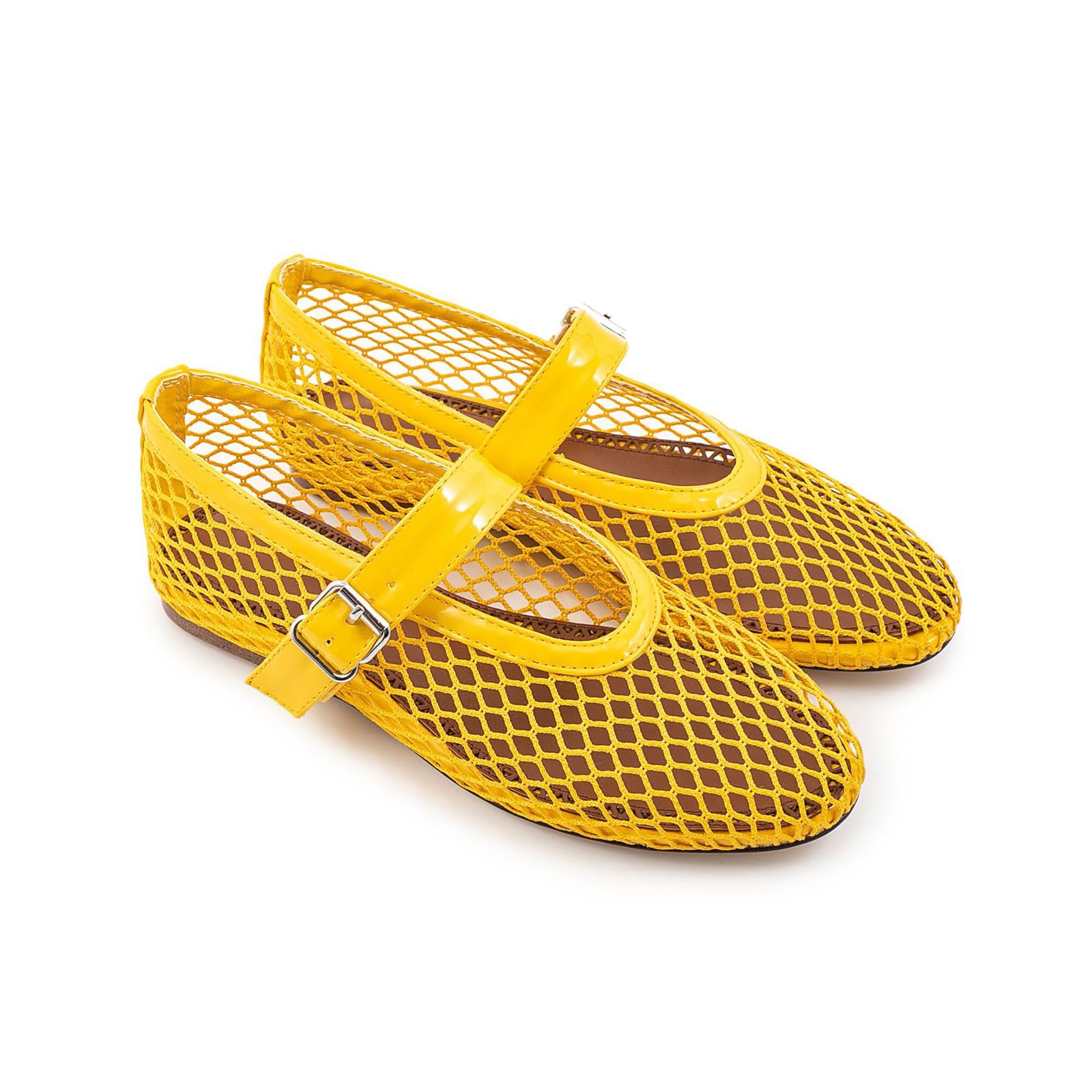 Women's Casual Buckle Dance Shoes - Comfortable Round Toe Flats for Dancing, Parties & Everyday Wear | Hollow Design, Yellow, Size 5.5 | Perfect for Latin, Ballroom, Salsa & Social Events