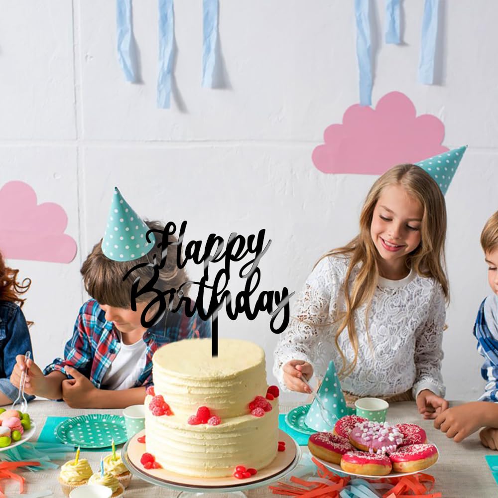 Happy Birthday Cake Topper - Acrylic Black Cake Decoration for Anniversary & Birthday Parties | Perfect for Wedding, Baby Shower & Celebration Decor