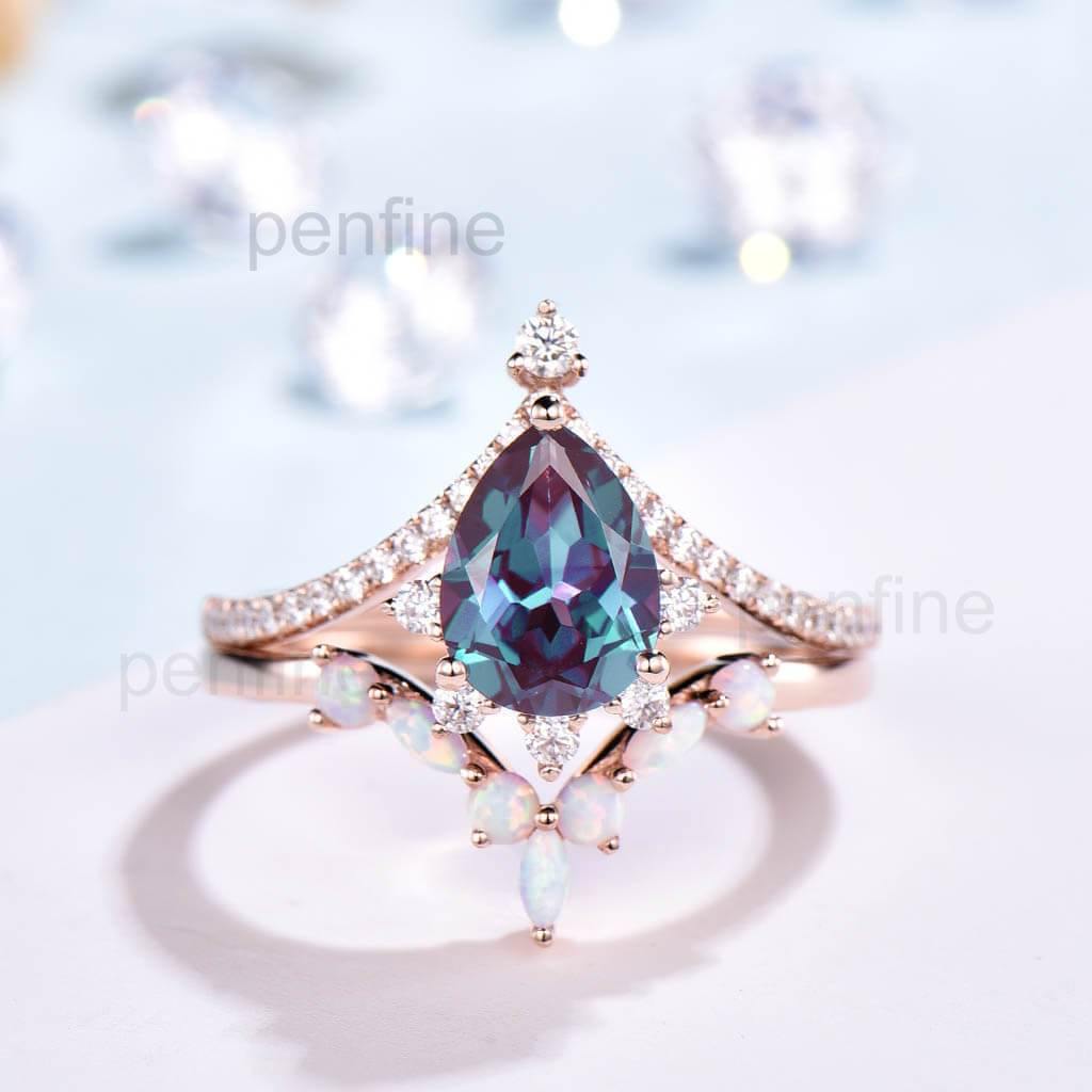 Art Deco Style Alexandrite & Opal Engagement Ring Set - 2 Piece Vintage Bridal Jewelry for Weddings & Anniversaries