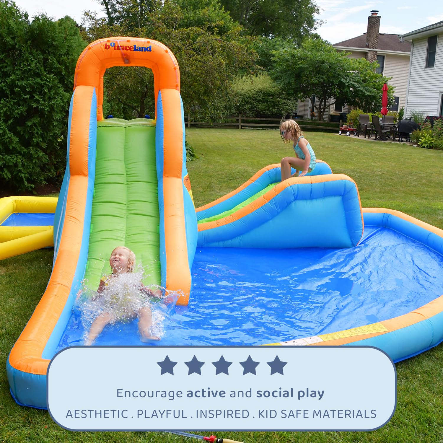 Bounceland Inflatable Water Slide with Large Pool - 16.5ft x 16.5ft x 7ft Backyard Water Park for Kids & Adults - Includes Dual Slides, Splash Sprayer & UL-Certified Blower - Perfect for Summer Parties, Family Gatherings & Outdoor Fun