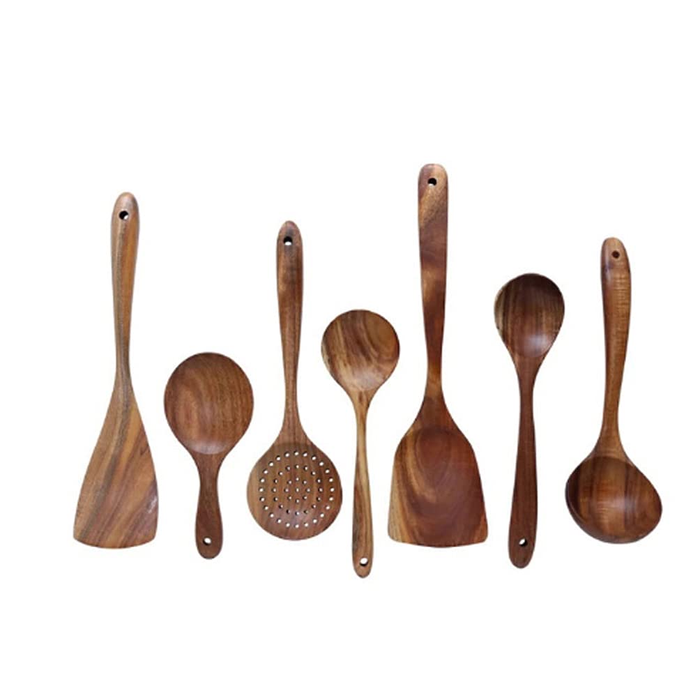 Natural Wooden Kitchen Utensil Set - Wooden Spoon, Ladle, Turner, Rice Colander & Soup Skimmer for Cooking, Baking & Serving - Eco-Friendly Wood Tableware for Home & Restaurant Use