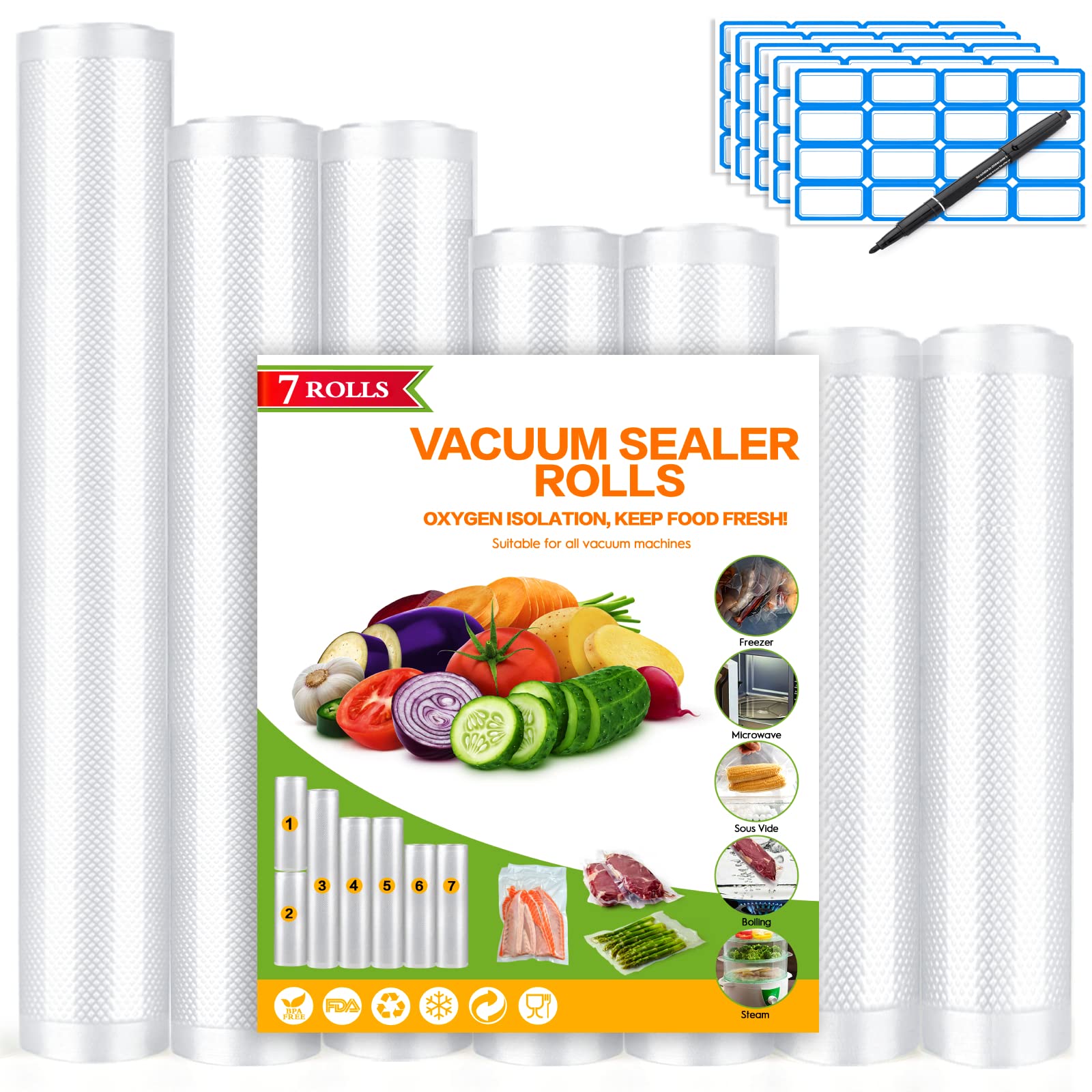 Premium Vacuum Sealer Bags - 7 Rolls BPA-Free Food Storage Bags with Marker & 80 Labels | Commercial Grade for Sous Vide, Freezer, Microwave | 6