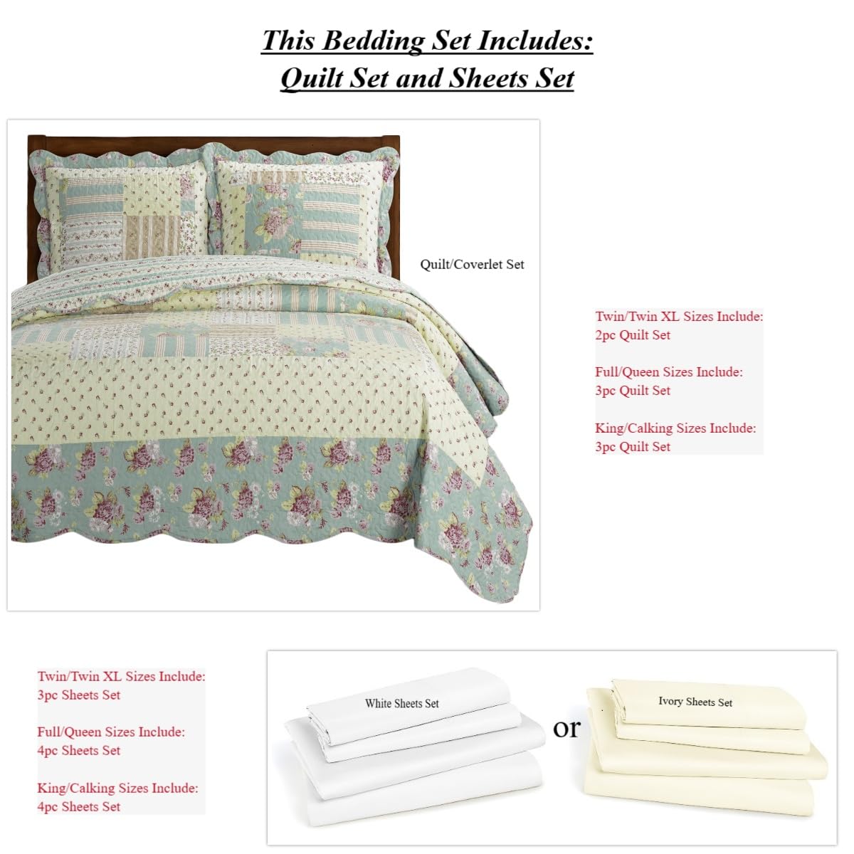 7-Piece King Size Annabel Printed Quilted Bedspread Set - Wrinkle-Free Microfiber with 3-Piece Coverlet & 4-Piece Sheet Set - Perfect for Master Bedroom, Guest Room & Luxury Hotel Decor