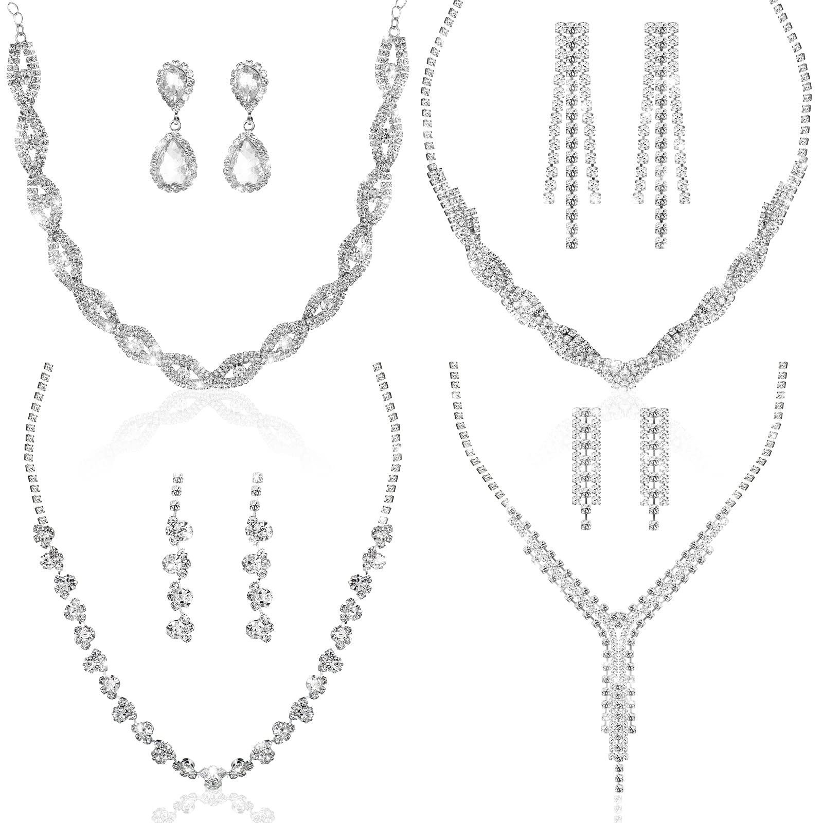 Sparkling Rhinestone Necklace & Earrings Set for Women - 4 Pairs Crystal Earrings + 4 Silver Necklaces - Elegant Bridal Wedding Jewelry Gift for Bride & Bridesmaids | Perfect for Weddings, Prom, Anniversary & Special Occasions