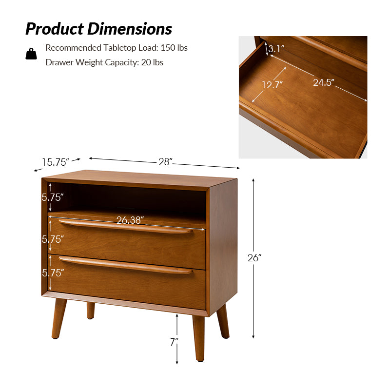 Mid Century Modern Nightstand with 2 Drawers & Built-in USB Outlets - Stylish Bedside Table for Bedroom, Living Room, or Office