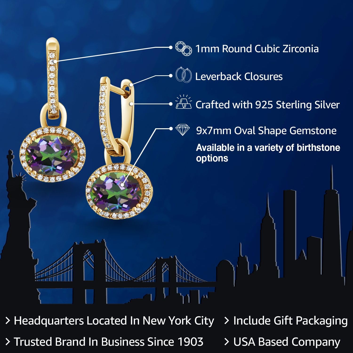 18K Yellow Gold 9X7MM Oval Gemstone Birthstone Halo Leverback Earrings for Women | Elegant Oval Drop Dangle Earrings for Birthday, Anniversary & Special Occasion Gifts | Perfect for Parties, Weddings & Date Nights