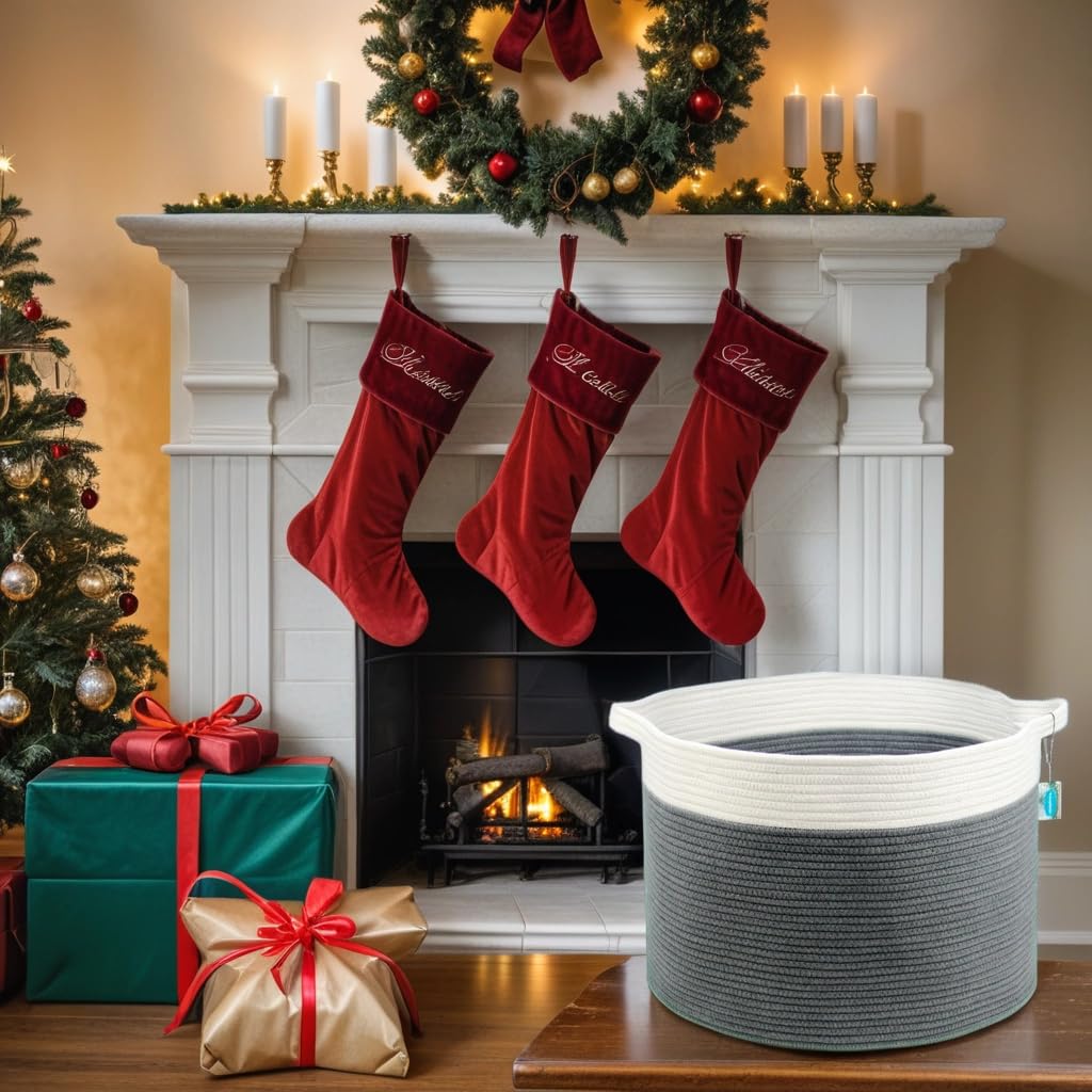 Casaphoria 22x14in Woven Storage Basket - Laundry Hamper, Blanket Organizer & Clothes Bin with Handles for Living Room, Bedroom, Nursery - White & Grey Home Decor Storage Solution for Blankets, Toys & Laundry