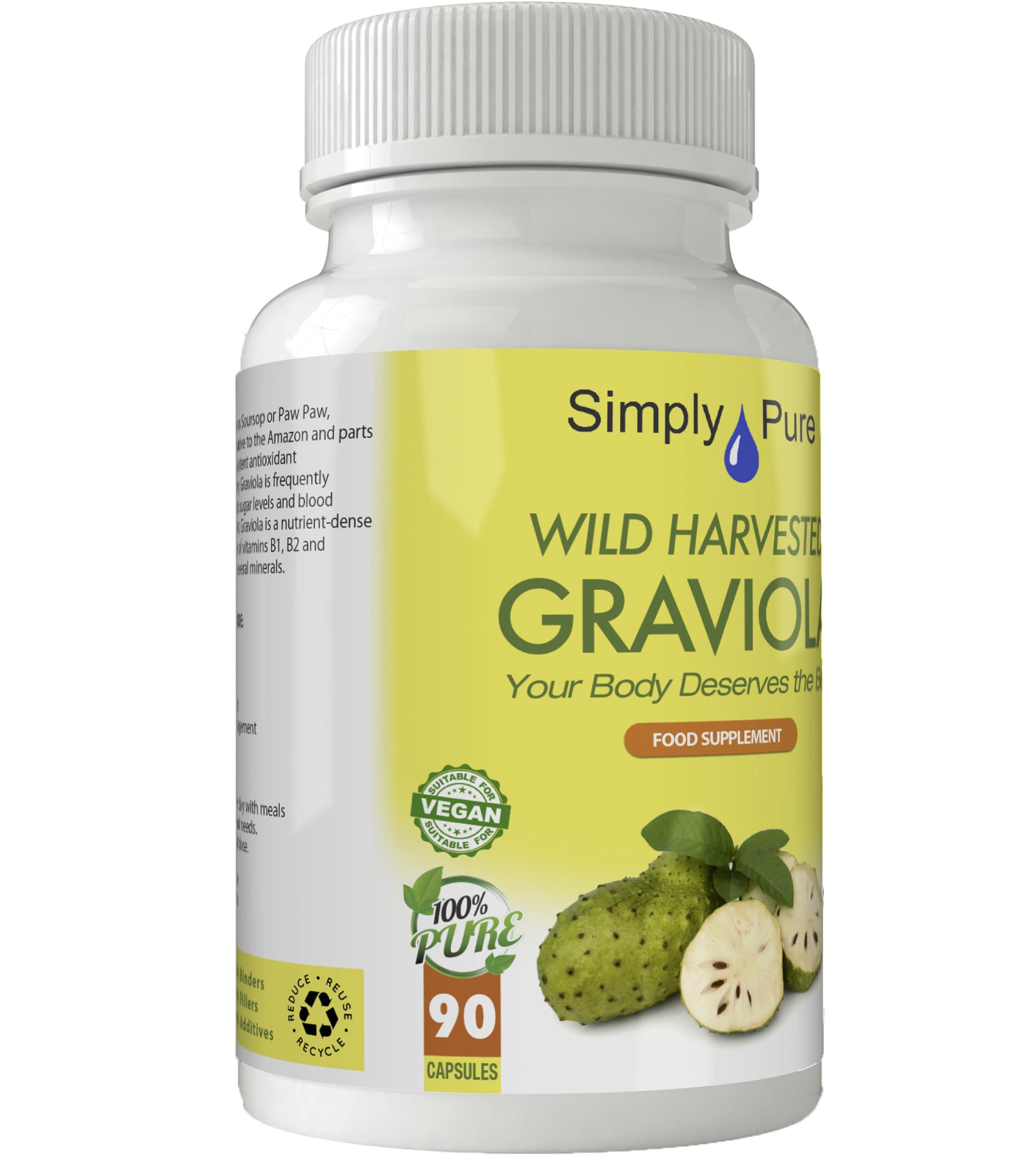 Organic Wild Harvested Graviola (Soursop) Capsules 500mg - 90 Count | Antioxidant Rich, Supports Heart Health | Gluten Free, Non-GMO, Vegan Supplement | Great for Daily Wellness & Immune Support