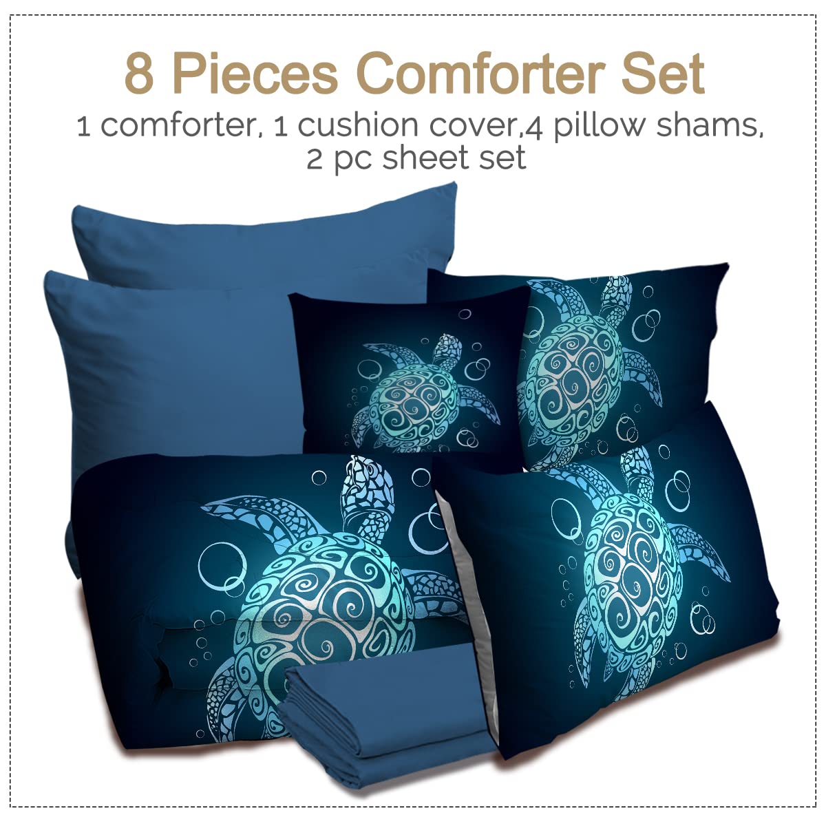 BlessLiving Sea Turtle Comforter Set - Queen Size 8-Piece Bed-in-a-Bag with Sheets, Shams & Decorative Pillow | Teal Turquoise Coastal Beach Theme Bedding | Perfect for Guest Rooms, Vacation Homes & Ocean-Themed Bedrooms