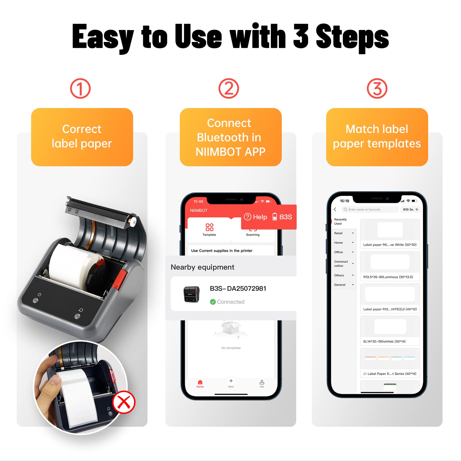 NIIMBOT B3S 3-Inch Thermal Label Printer - Portable Bluetooth Label Maker Machine with 1 Pack 70x40mm Labels for Clothing, Barcodes, Small Business & Home Organization (Ideal for Retail, Warehousing & Shipping)
