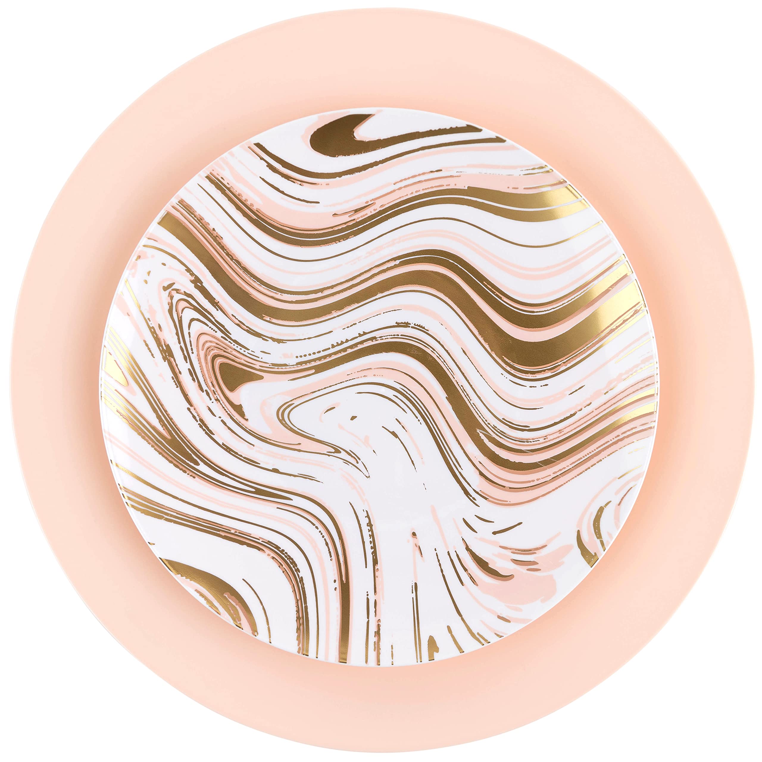 Premium Heavyweight White & Gold Plastic Party Plates - Elegant Disposable Tableware for Weddings, Birthdays & Special Events (64-Pack, Curve Design, Pink Accents)