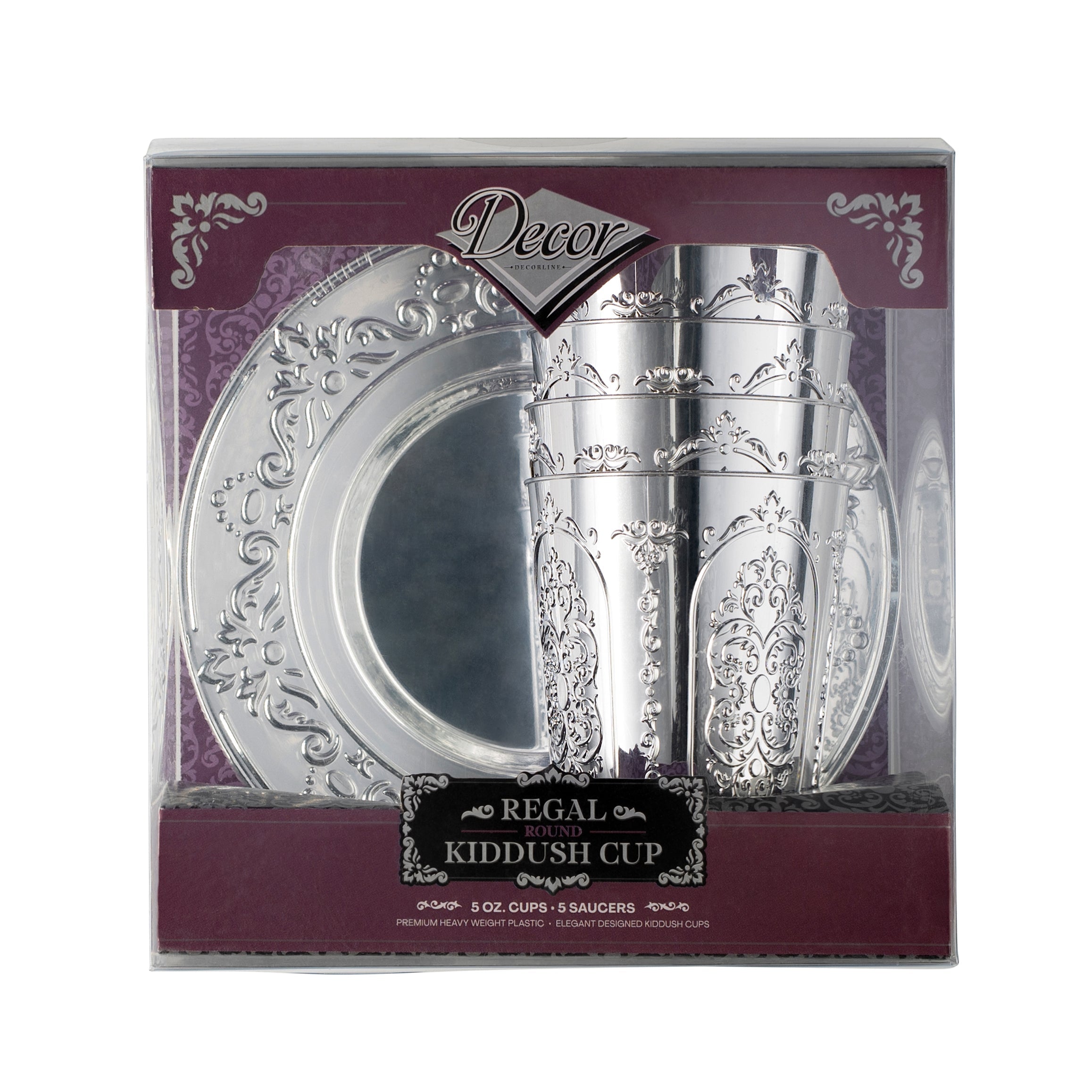 5-Pack Elegant Round Kiddush Cups with Matching Trays - Silver Plated Jewish Ritual Wine Goblets for Shabbat & Holiday Celebrations - Perfect for Passover, Rosh Hashanah, and Wedding Ceremonies
