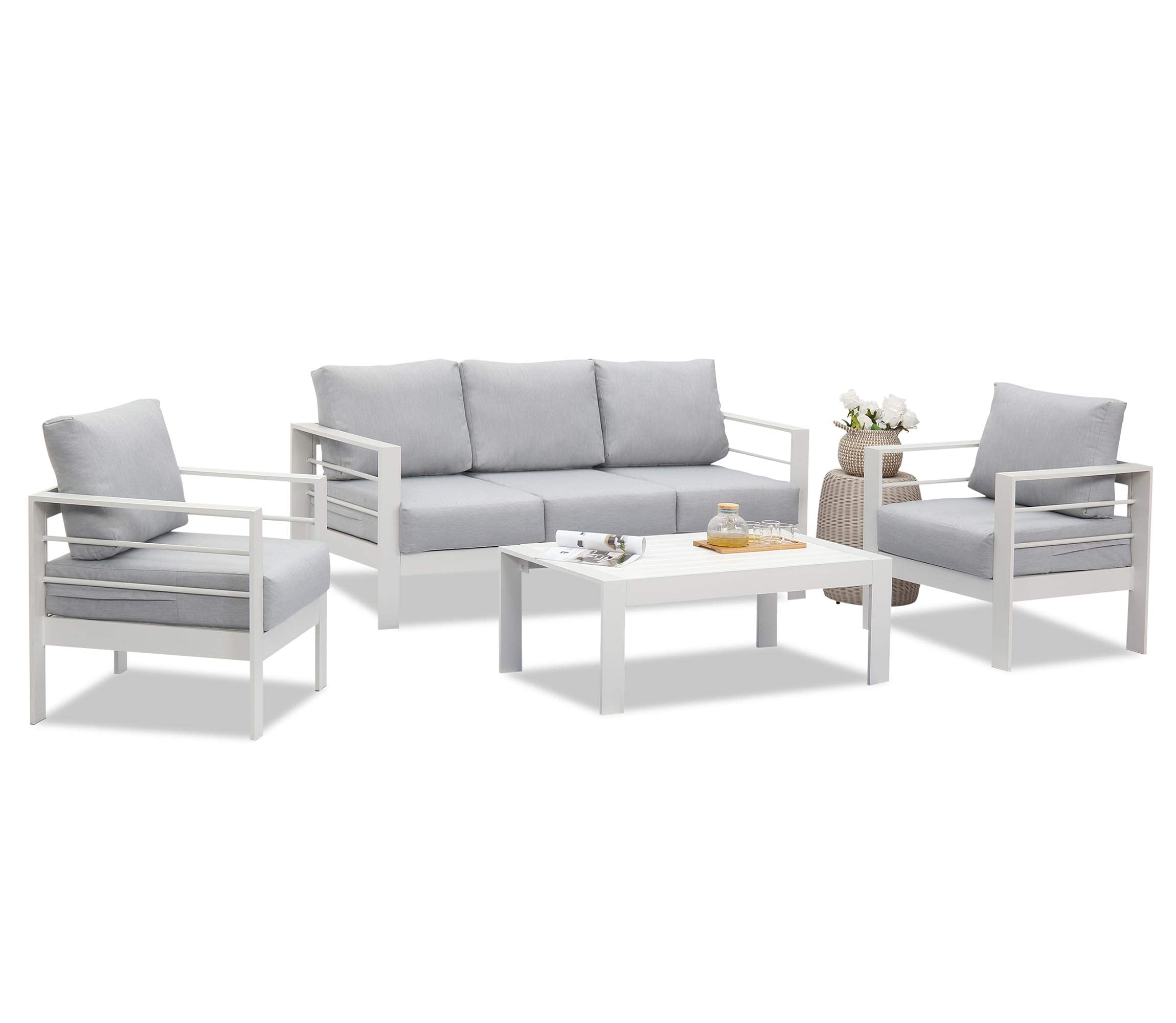 Wisteria Lane Aluminum Outdoor Patio Furniture Set - Modern 5-Piece Metal Sectional Sofa with 5-Inch Cushions & Coffee Table - Light Grey Balcony & Garden Conversation Set for Backyard, Poolside & Outdoor Entertaining