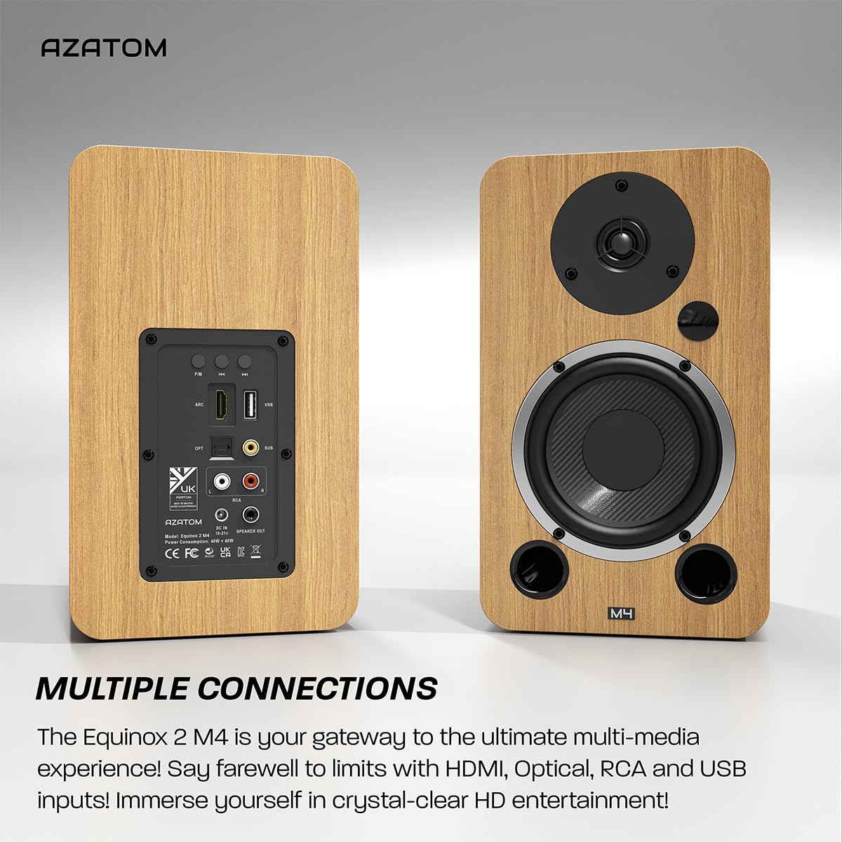 AZATOM Equinox 2 M4 Powered Bookshelf HiFi Speakers - 2.0 Active Bluetooth/Wired Wooden Enclosure (80W, Oak) - Perfect for Music, Home Theater, Gaming, Vinyl Records, PC & Laptop Audio - Ideal for Living Rooms, Home Offices & Entertainment Spaces