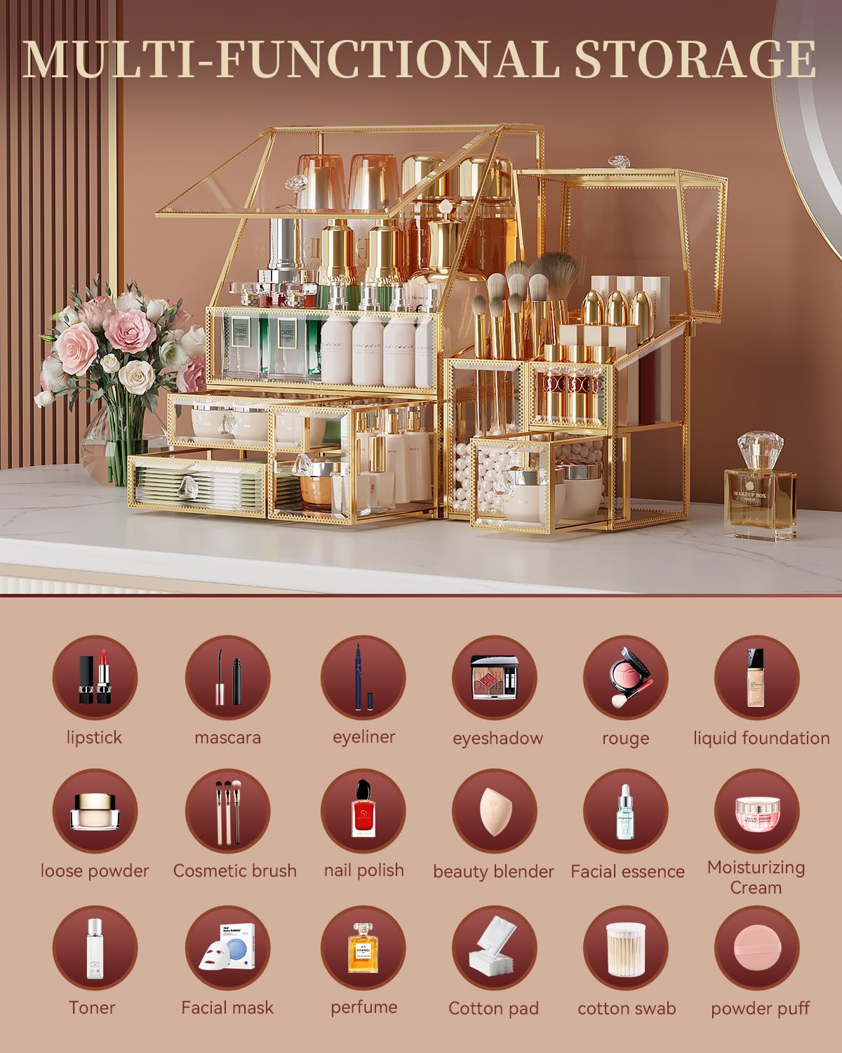 Premium Clear Glass Makeup Organizer - Multi-Purpose Vanity & Bathroom Cosmetic Storage for Countertop, Dresser, and Travel | Luxury High-End Cosmetic Display Case for Makeup Brushes, Lipsticks & Skincare Products
