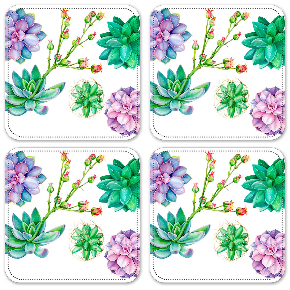 Succulent Vinyl Drink Coasters Set of 4 - Absorbent & Durable Cup Mats for Coffee Tables, Bars & Home Decor - Cute Plant Design for Kitchen, Office & Party Use