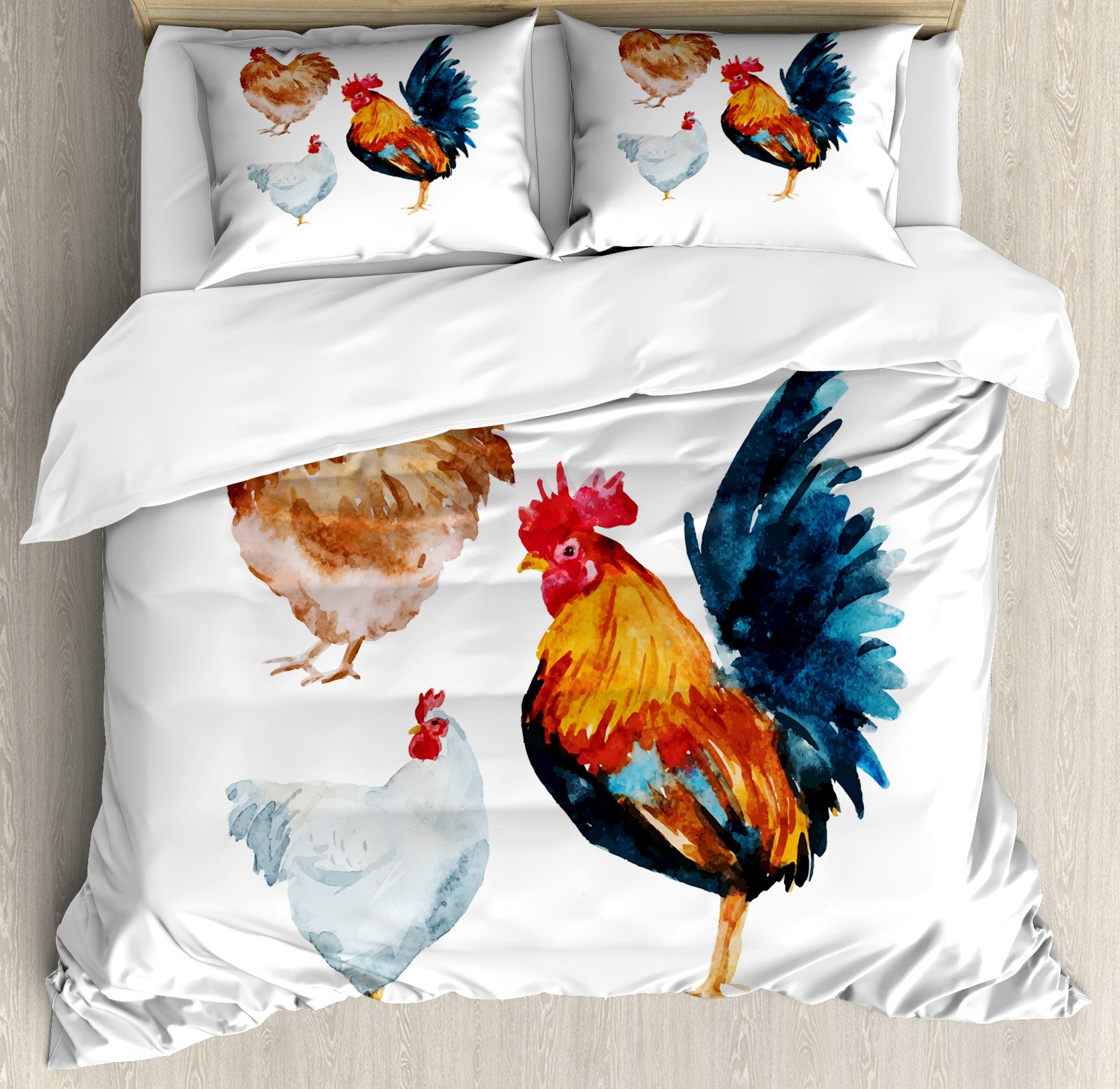 Lunarable Chicken Duvet Cover Set - Watercolor Rooster & Hens Poultry Design, 3-Piece King Size Bedding with 2 Pillow Shams, Multicolor | Farmhouse Decor, Country Style Bedroom, Unique Gift for Poultry Lovers